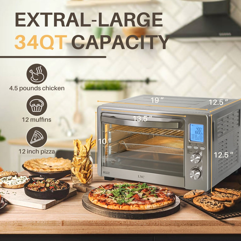 LNC 12-In-1 Large 34QT Countertop Toaster Oven Convection Rotisserie Air Fryer - 19.5 L x 15 W x 12.5 H