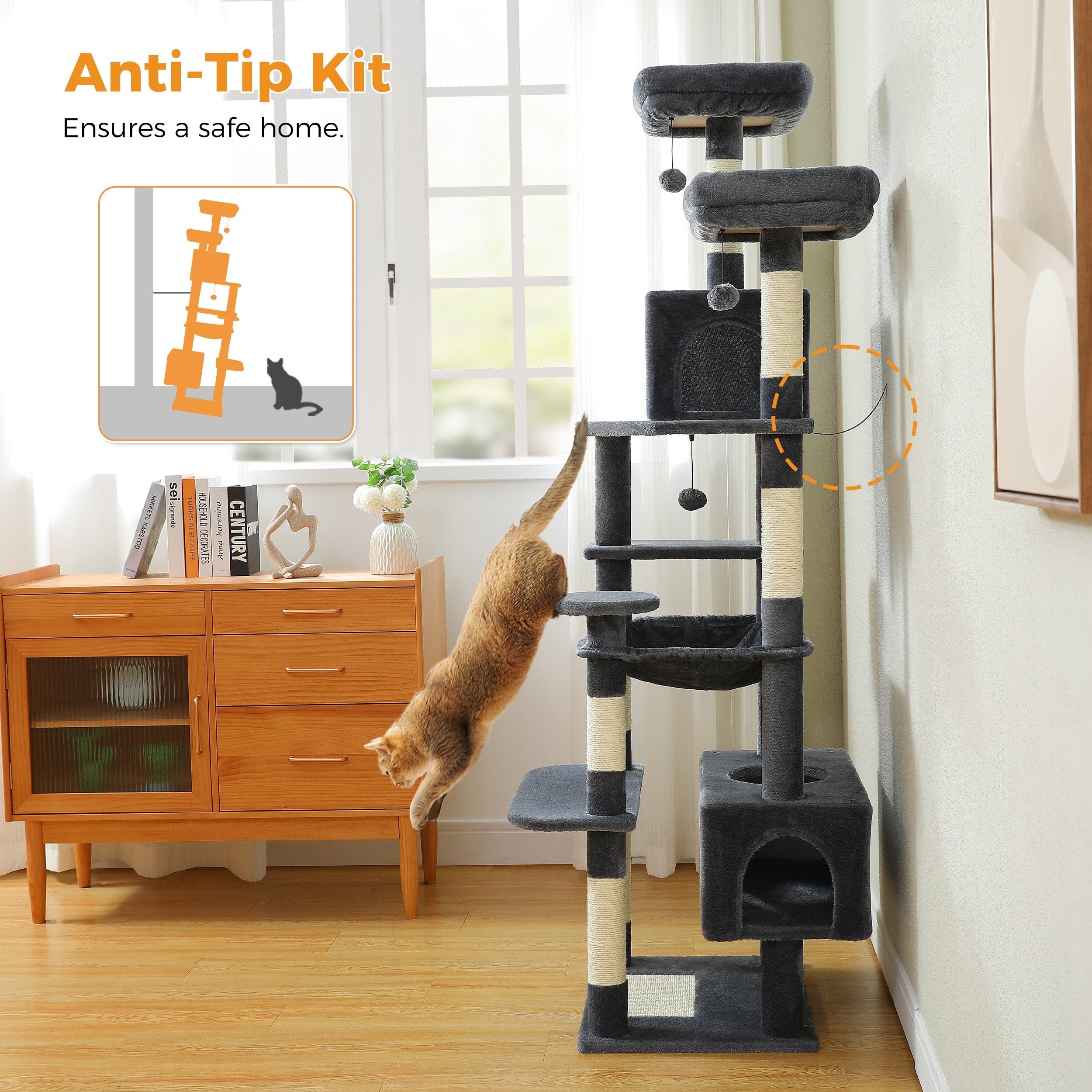 Large Cat Tower Cat Condo with Scratching Posts and Pads, 2 Padded Perch, Dual Condo and Basket