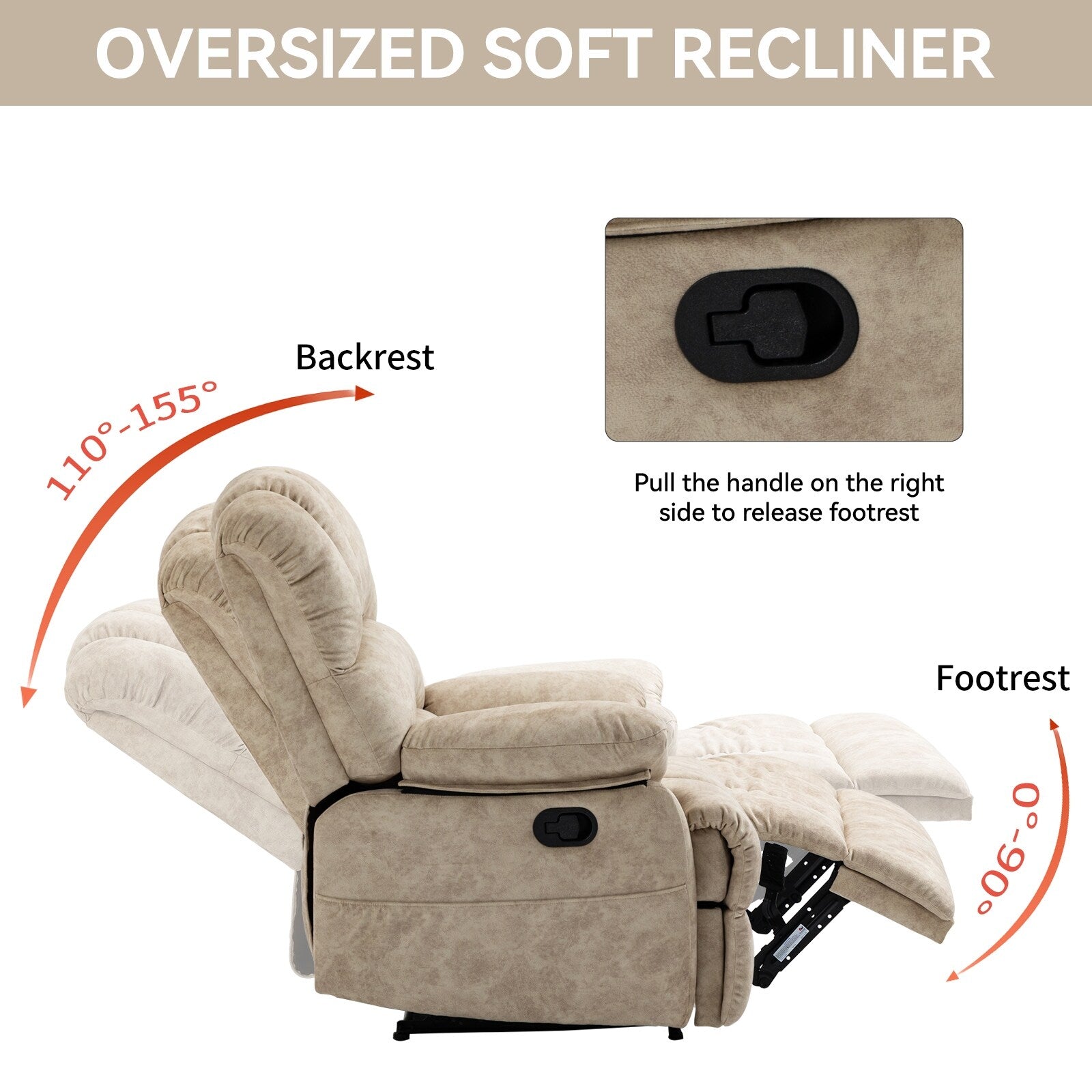 Large Manual Recliner Chair for Adult, Comfortable Fabric Single Recliner Sofa, Overstuffed Reclining Chair for Living Room