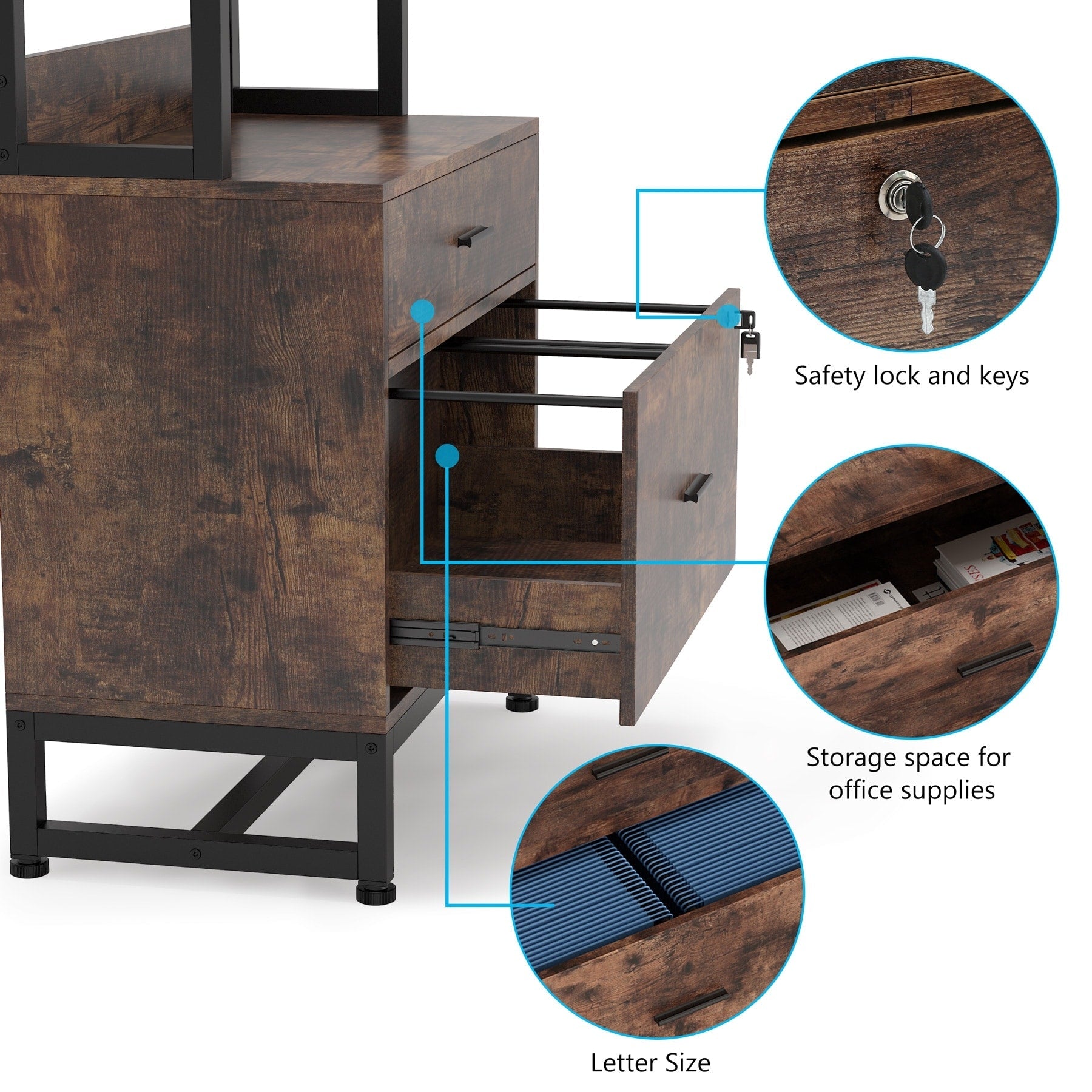 File Cabinet with 2 Drawer, Modern Filing Cabinet Printer Stand with Lock