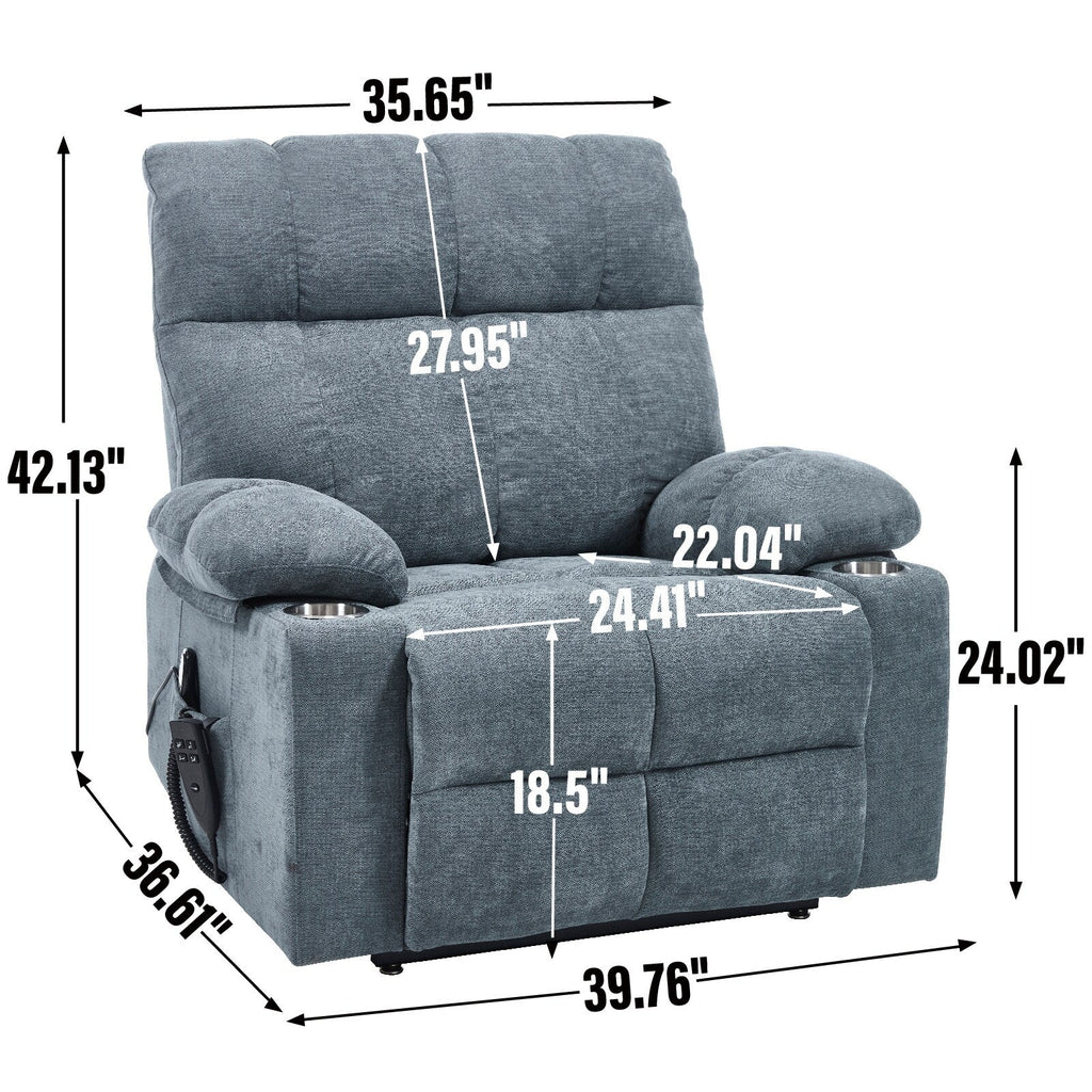 Lazy Boy Dual Motor Chenille Power Lift Recliner w/Massage and Lumbar Heating, Dual Cup Holders, Grey-Blue