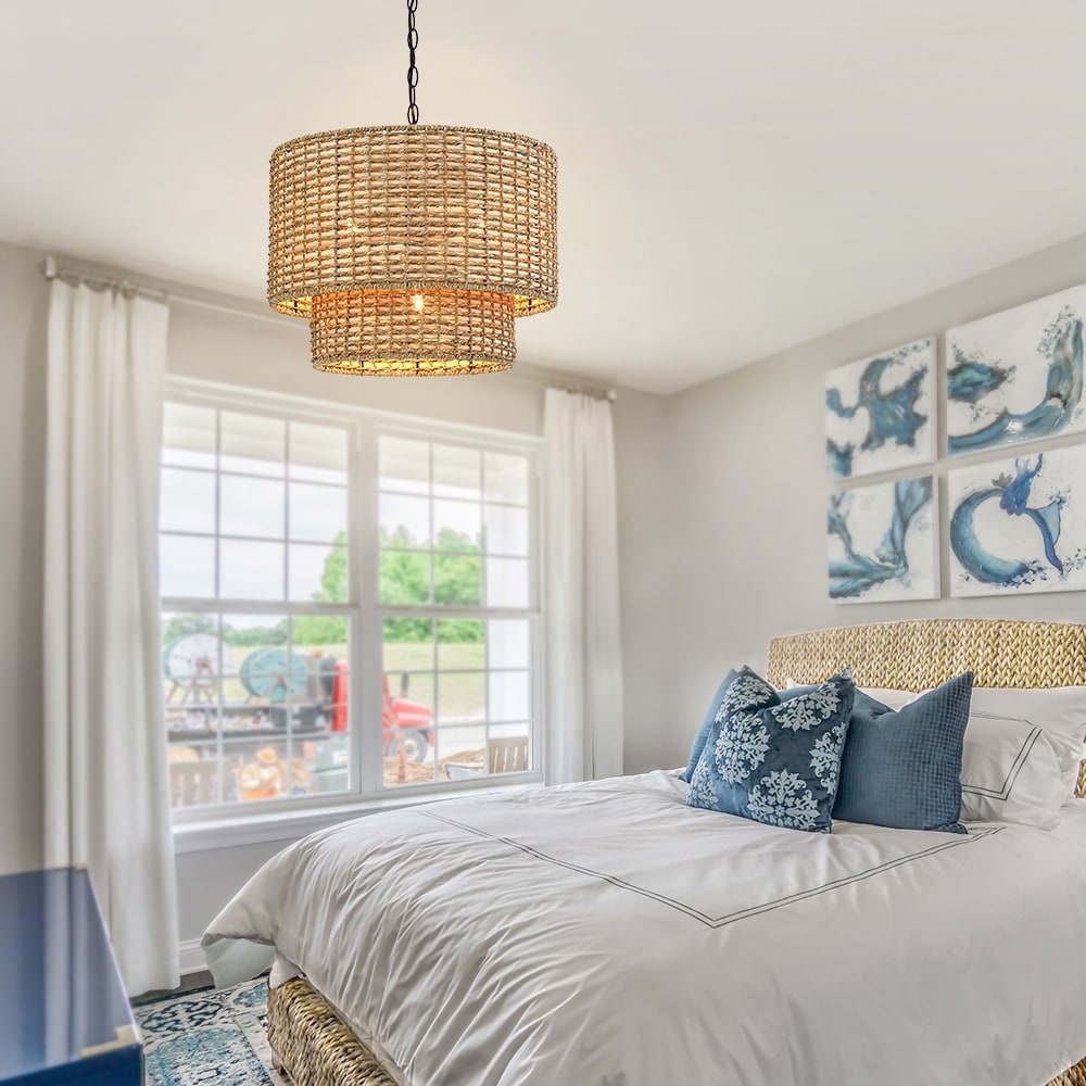 Lennie 20 in. 4-Light Rattan Tiered Drum Chandelier Light with Black Canopy - 20 in. W - 20 in. W