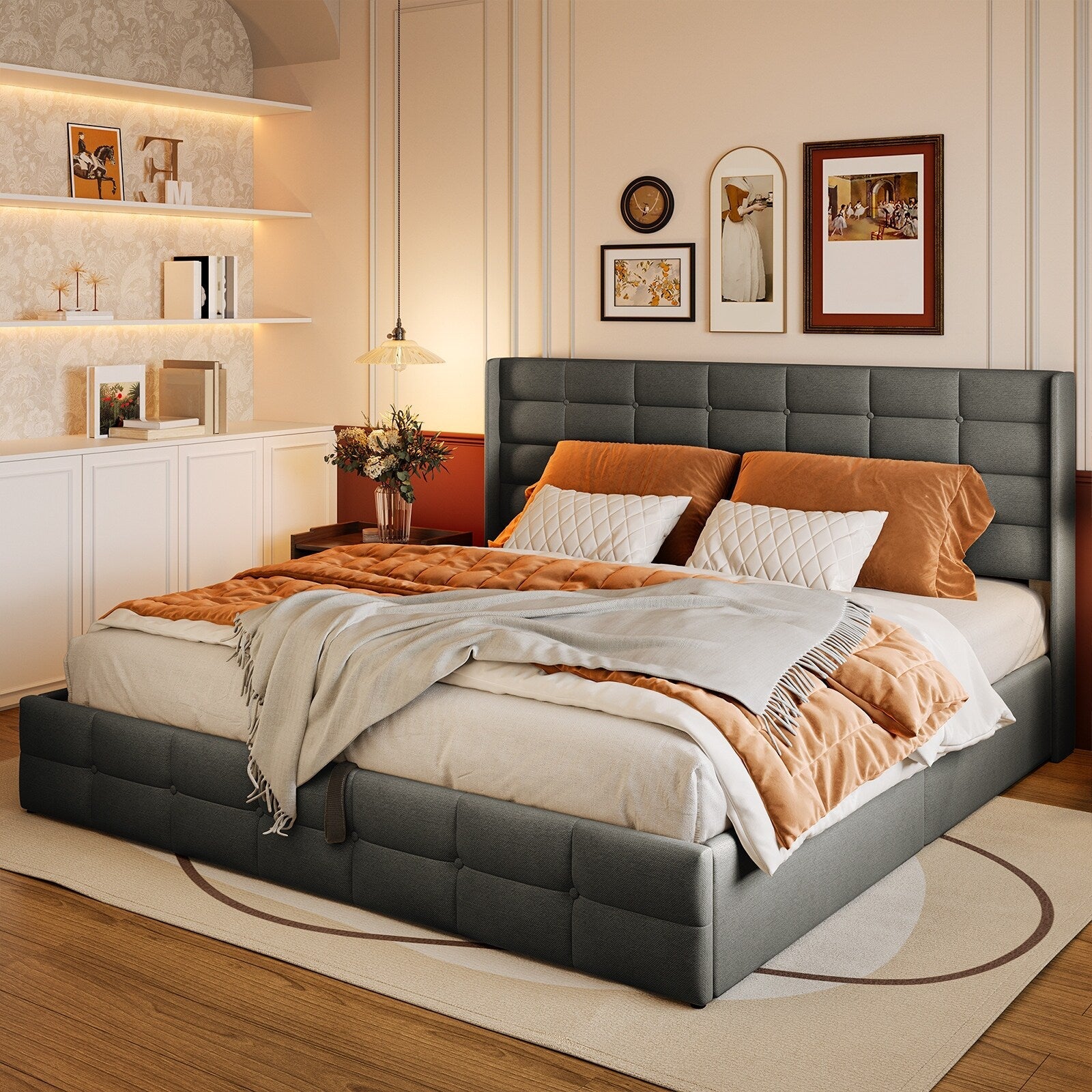 Lift Up Storage Bed Frame, Upholstered Platform Bed Frame with Hydraulic Storage System and Headboard