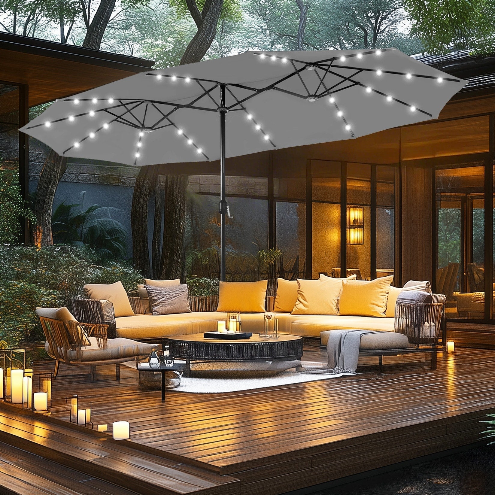 MAISON ARTS 15-foot Rectangular Crank Double-sided Outdoor Market Umbrella Solar LED Lighted Patio Umbrella with Base Included