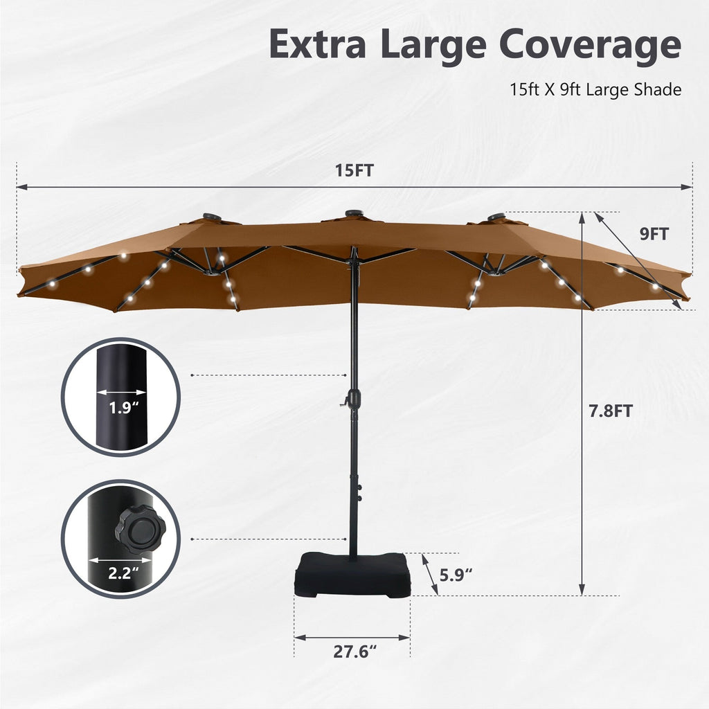 MAISON ARTS 15-foot Rectangular Crank Double-sided Outdoor Market Umbrella Solar LED Lighted Patio Umbrella with Base Included