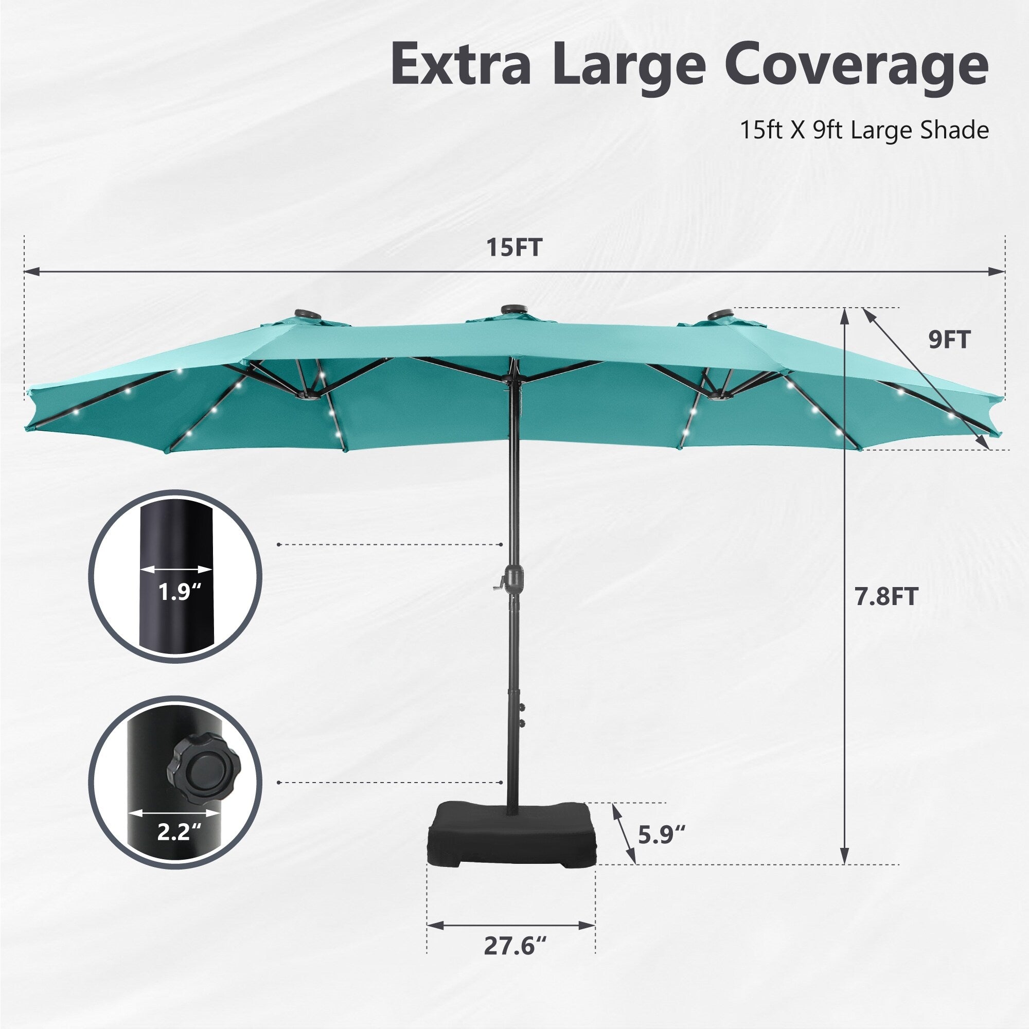 MAISON ARTS 15-foot Rectangular Crank Double-sided Outdoor Market Umbrella Solar LED Lighted Patio Umbrella with Base Included