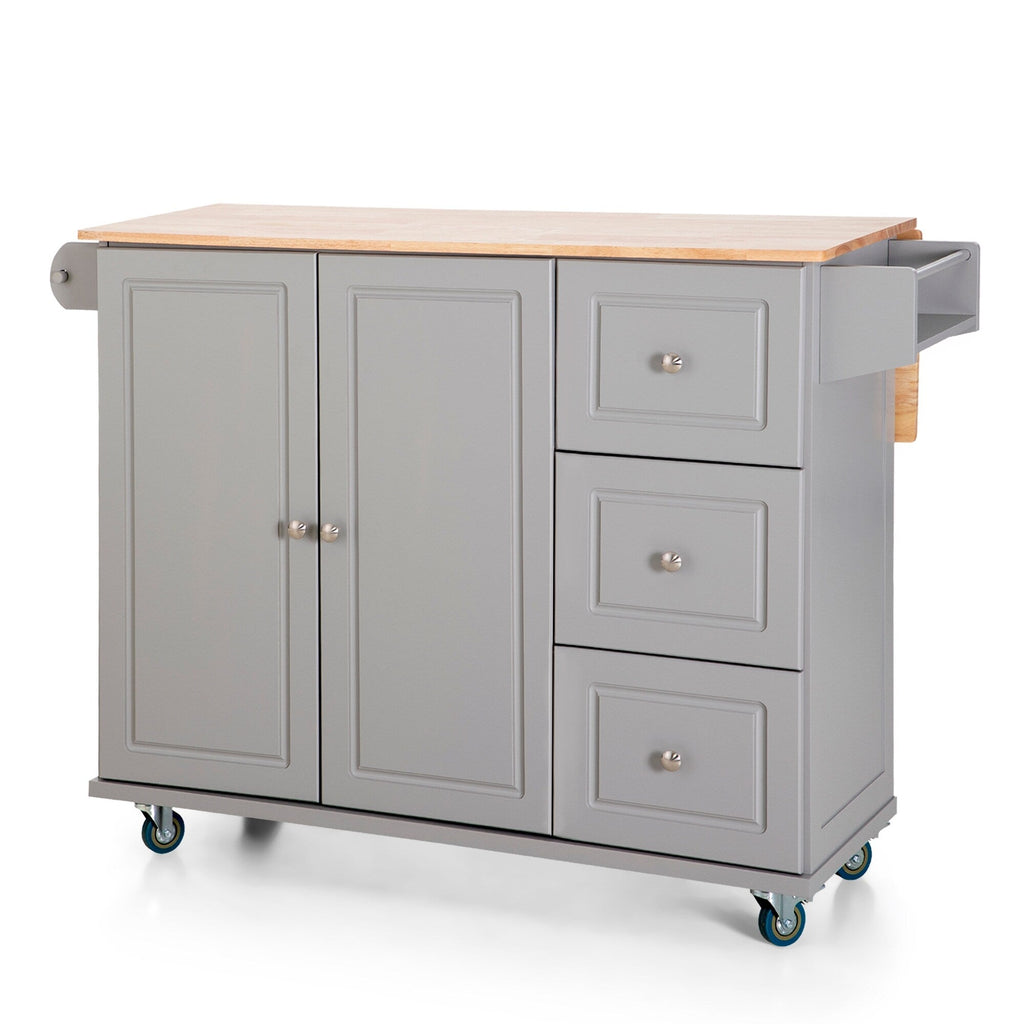Sophia & William Kitchen Island Cart with Drop-Leaf and Rubber Wood Top, Rolling Kitchen Trolley Cart with Large Storage Cabinet
