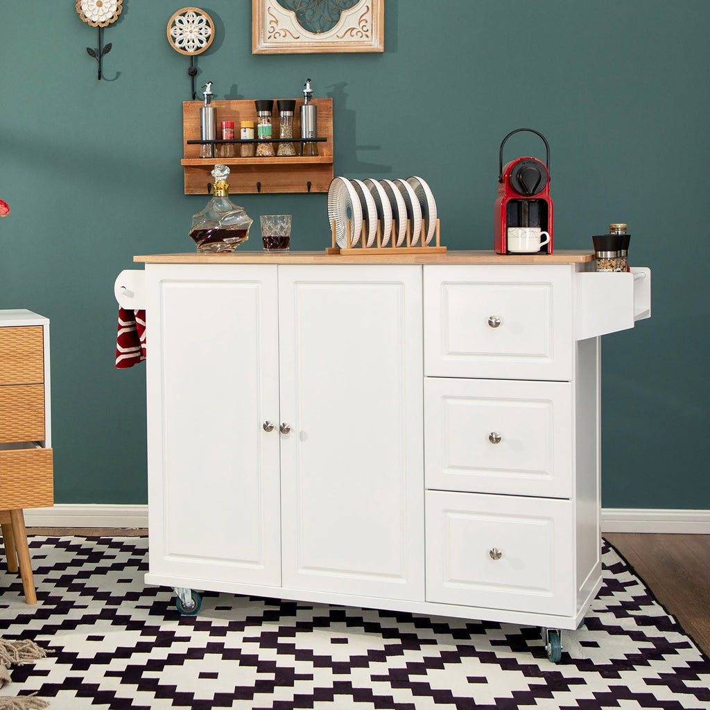 Sophia & William Kitchen Island Cart with Drop-Leaf and Rubber Wood Top, Rolling Kitchen Trolley Cart with Large Storage Cabinet