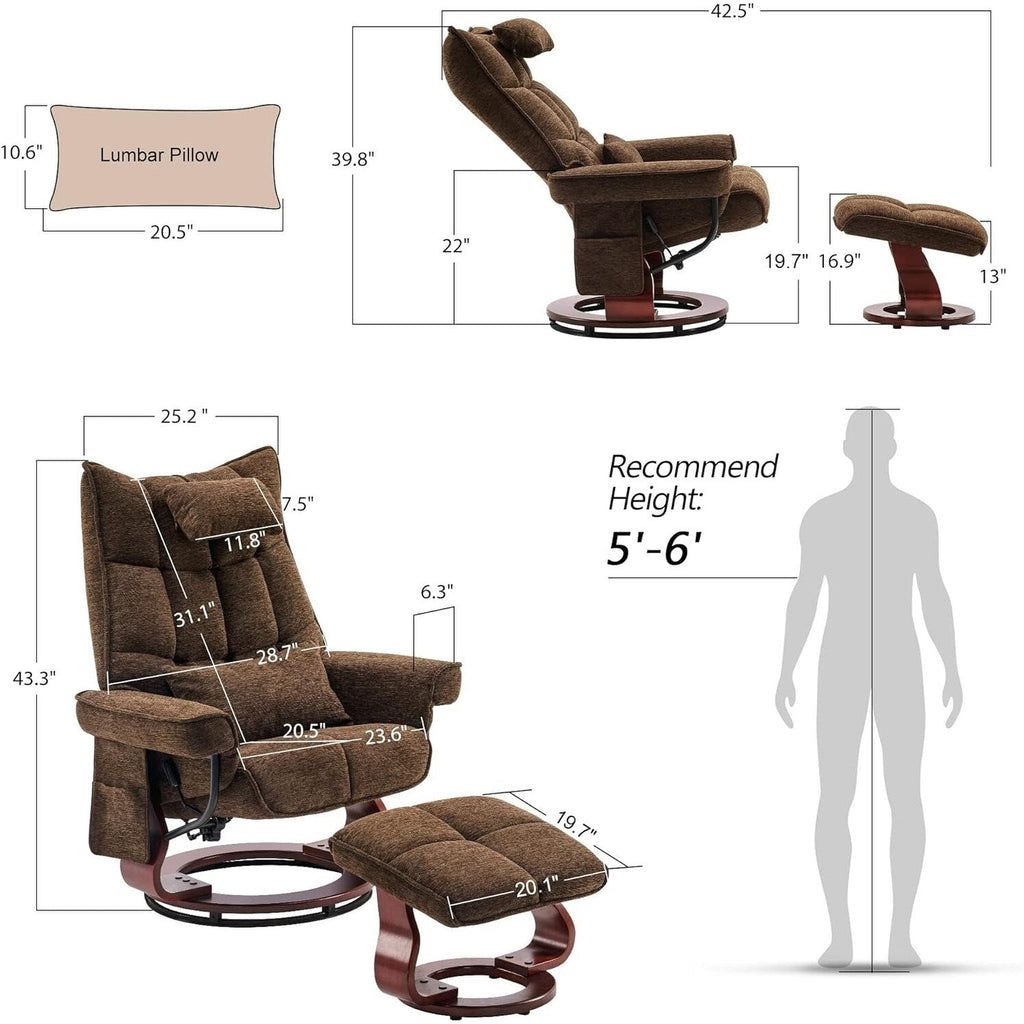 MCombo Set of 2 Swivel Recliner with Ottoman and Neck Pillow,Chenille Fabric