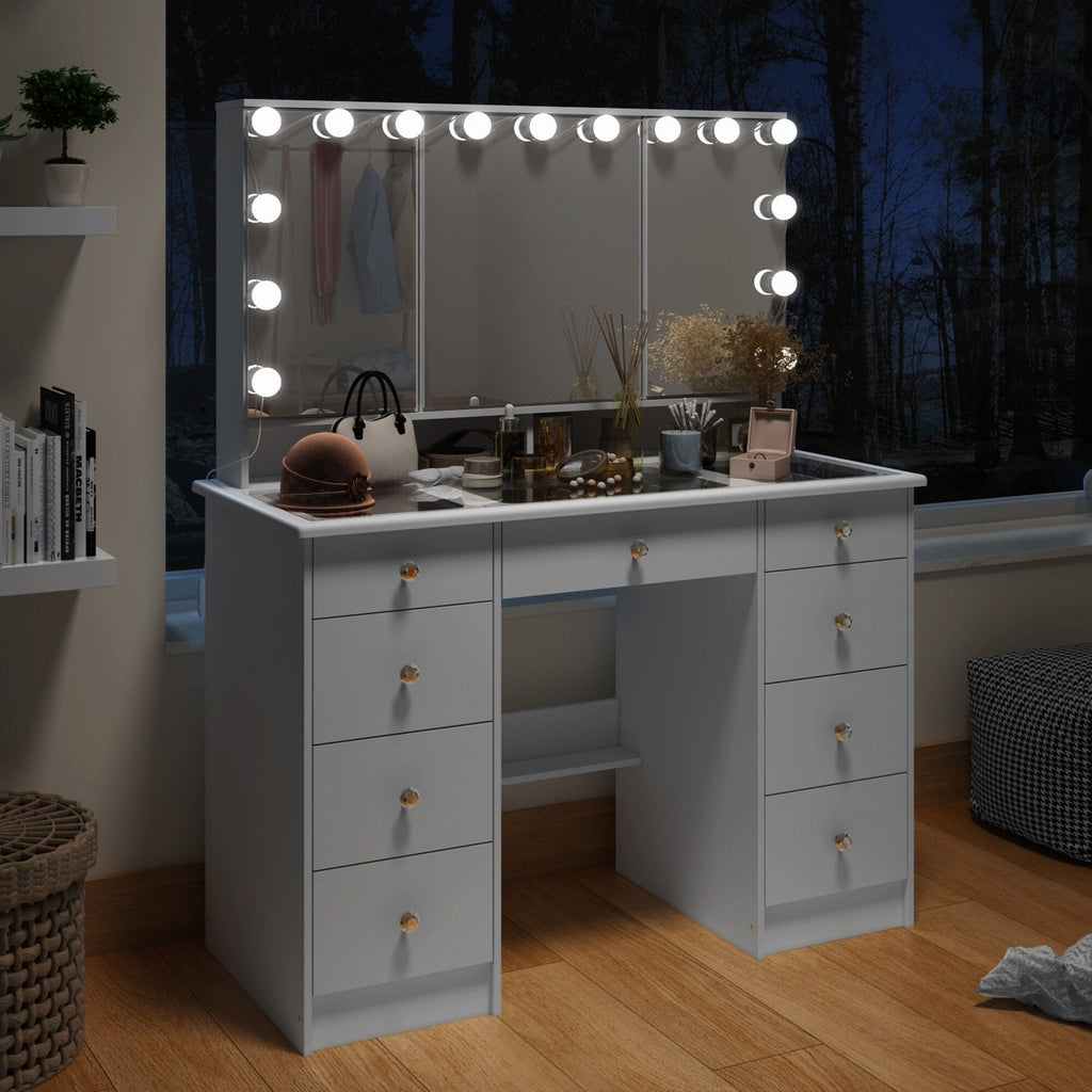 Makeup Vanity w/Tri-Fold Mirror Certified Lighting Glass Top Dresser