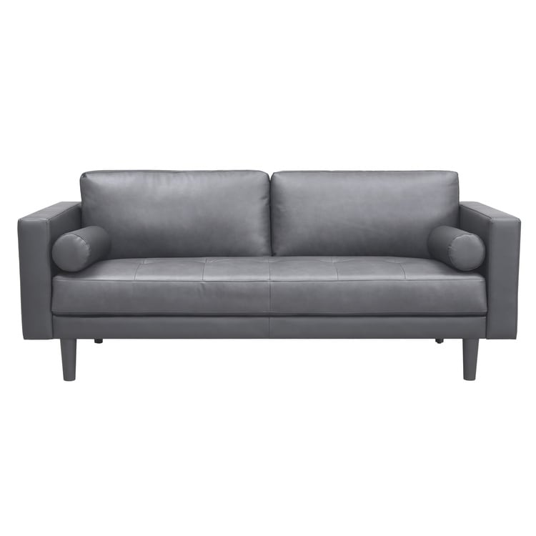 Modern Genuine Leather Sofa with Wooden Legs & Additional Bolster Pillow