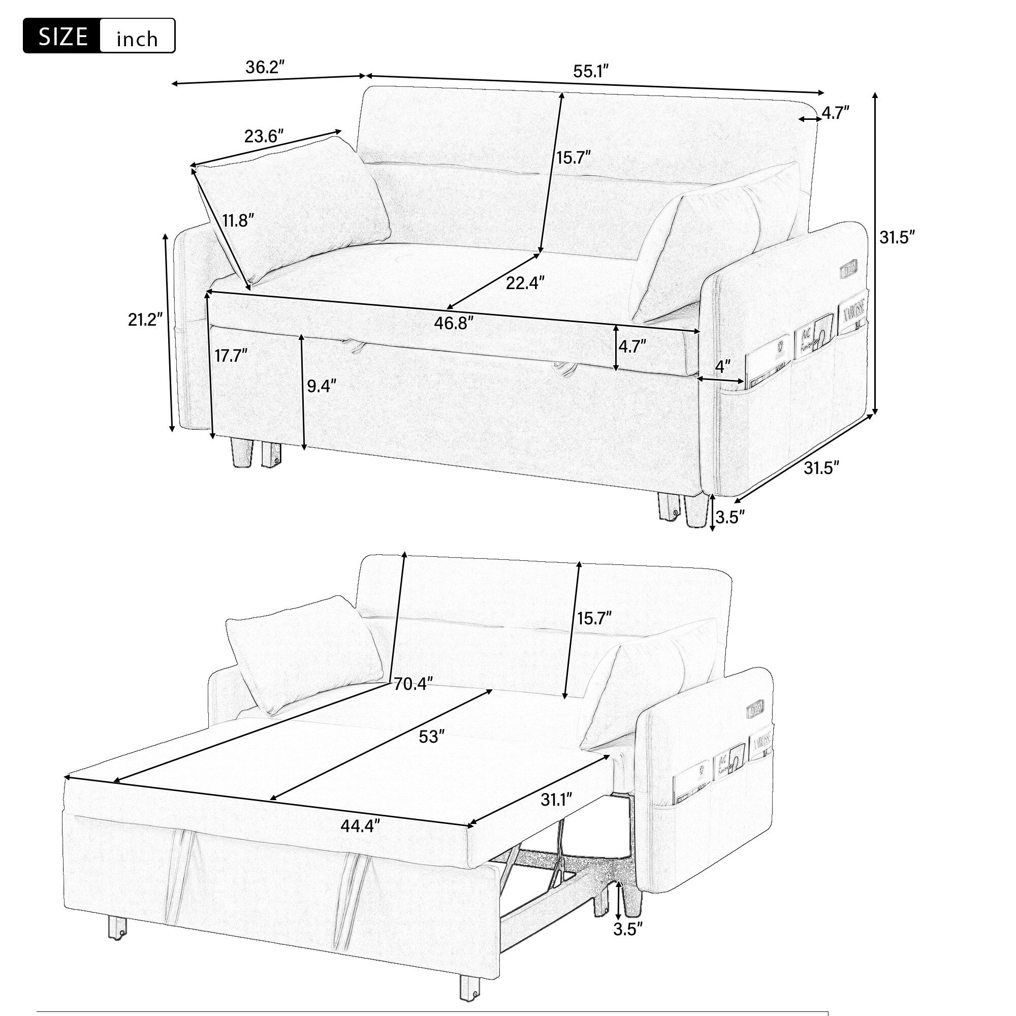 Modern 2 Seat Couch, Microfiber Pull Out Sleep Sofa Bed wih Adjsutable Backrest, Storage Pockets, 2 Soft Pillows, USB Ports