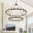 Modern Farmhouse Chandelier 2 Tier Round Wagon Wheel Chandelier Large High Ceiling Light.