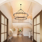 Modern Farmhouse Chandelier 2 Tier Round Wagon Wheel Chandelier Large High Ceiling Light.