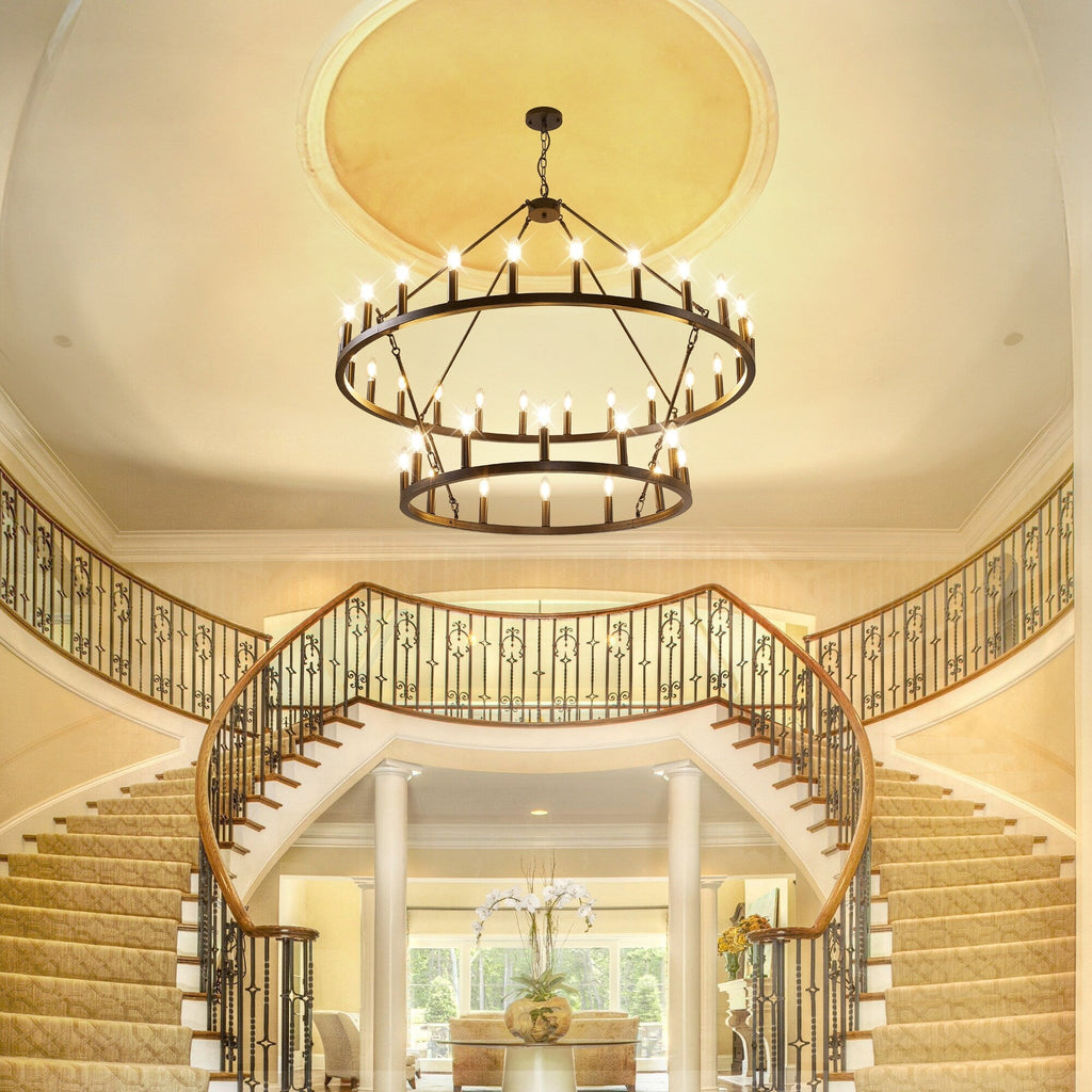 Modern Farmhouse Chandelier 2 Tier Round Wagon Wheel Chandelier Large High Ceiling Light.