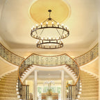 Modern Farmhouse Chandelier 2 Tier Round Wagon Wheel Chandelier Large High Ceiling Light.