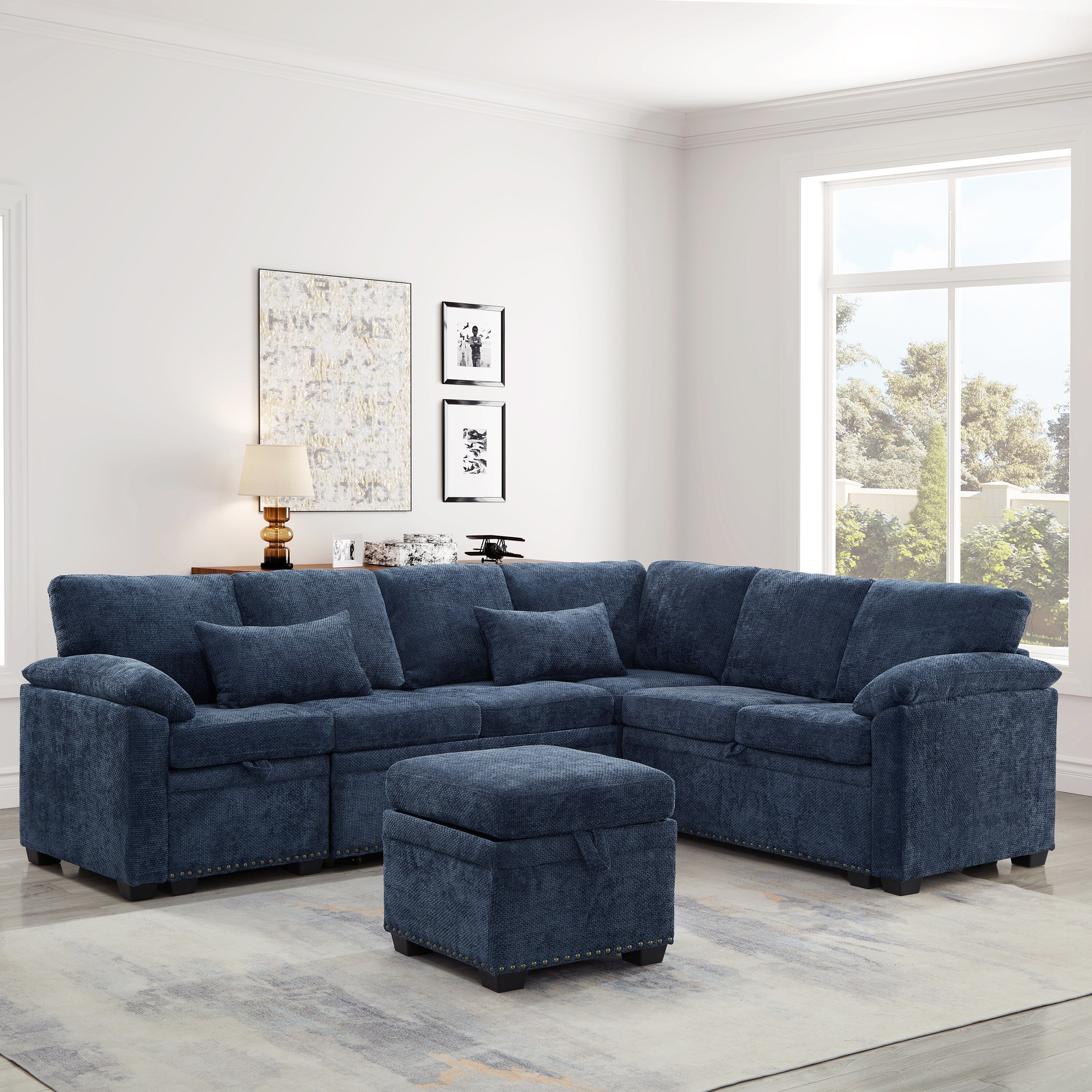 Modern L-Shaped Chenille Sectional Sofa with Pull-Out Sleeper, Storage Seats, Ottoman and 2 Pillows for Living Room