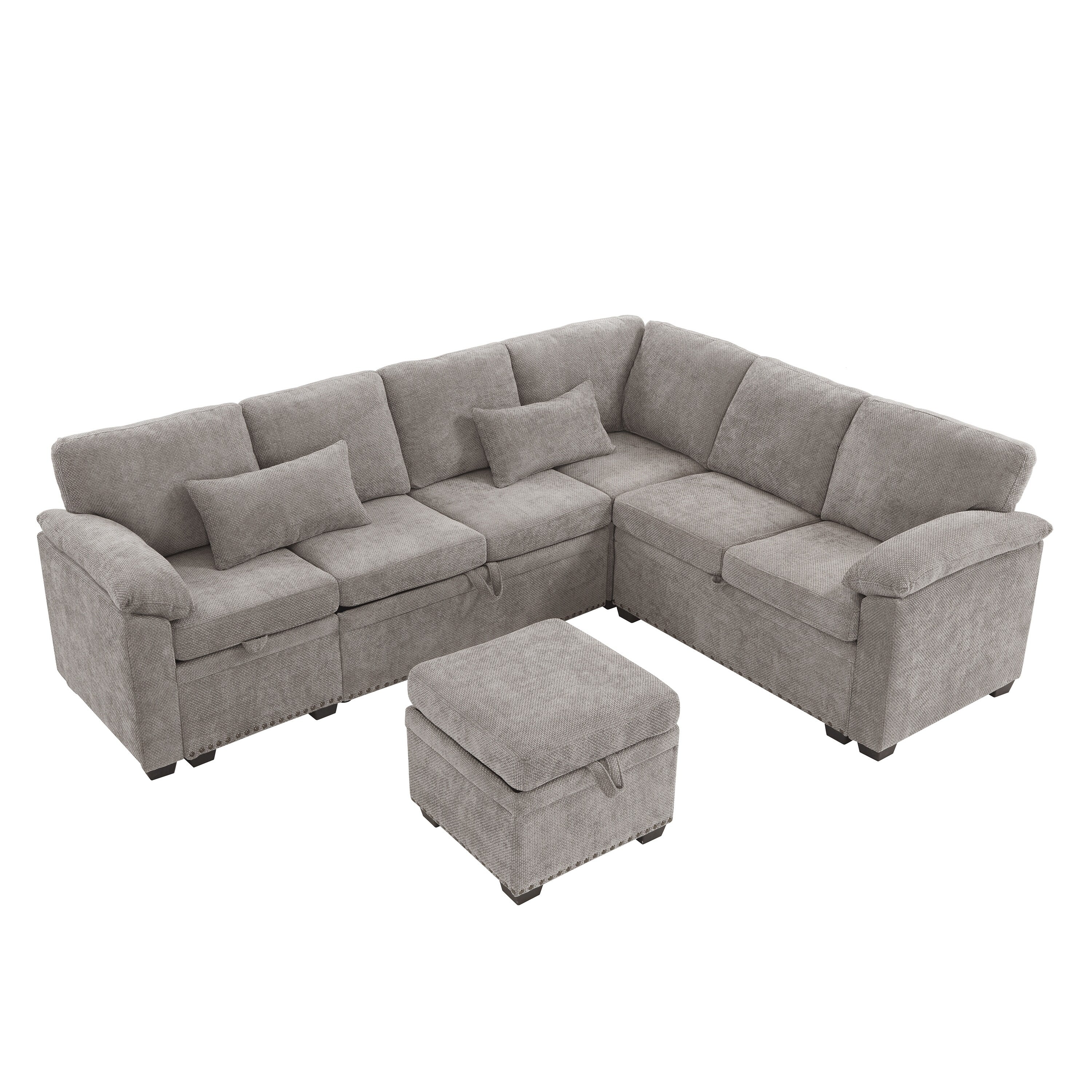 Modern L-Shaped Chenille Sectional Sofa with Pull-Out Sleeper, Storage Seats, Ottoman and 2 Pillows for Living Room
