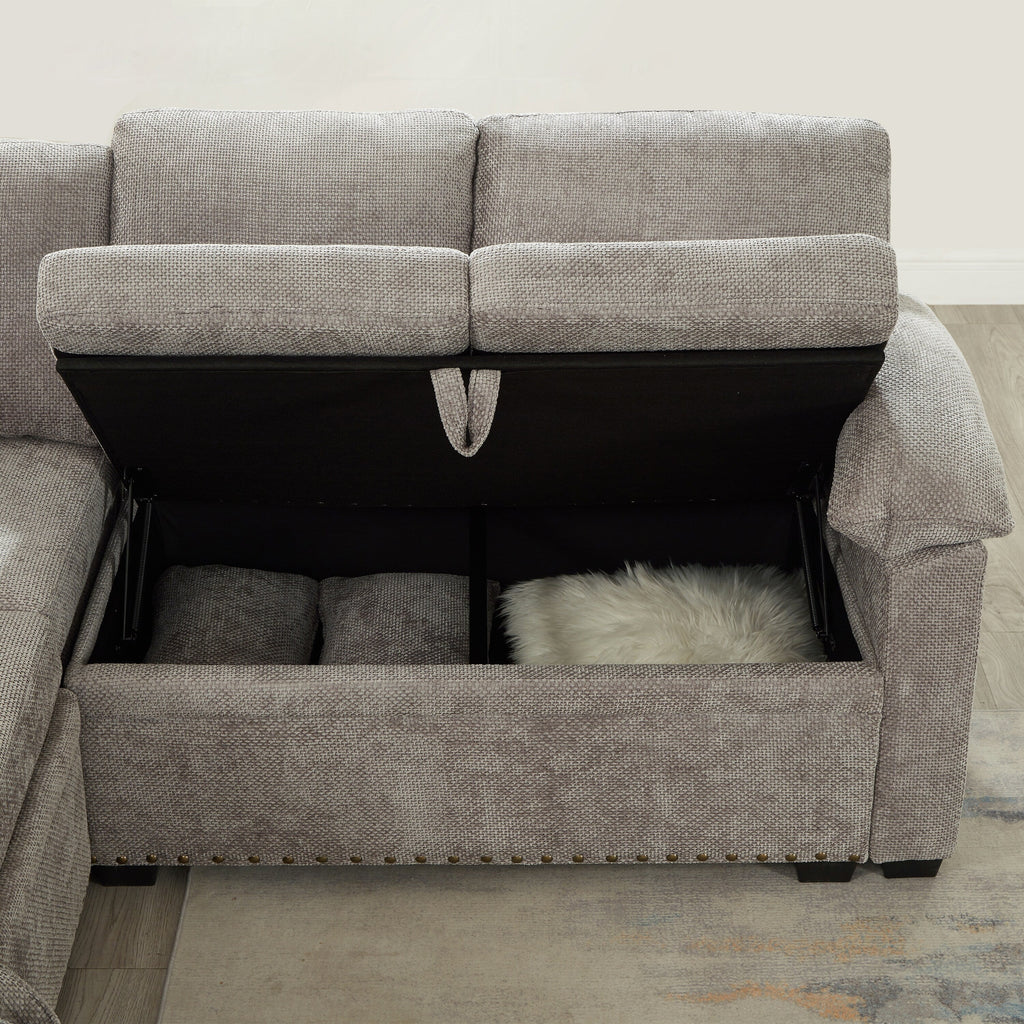 Modern L-Shaped Chenille Sectional Sofa with Pull-Out Sleeper, Storage Seats, Ottoman and 2 Pillows for Living Room