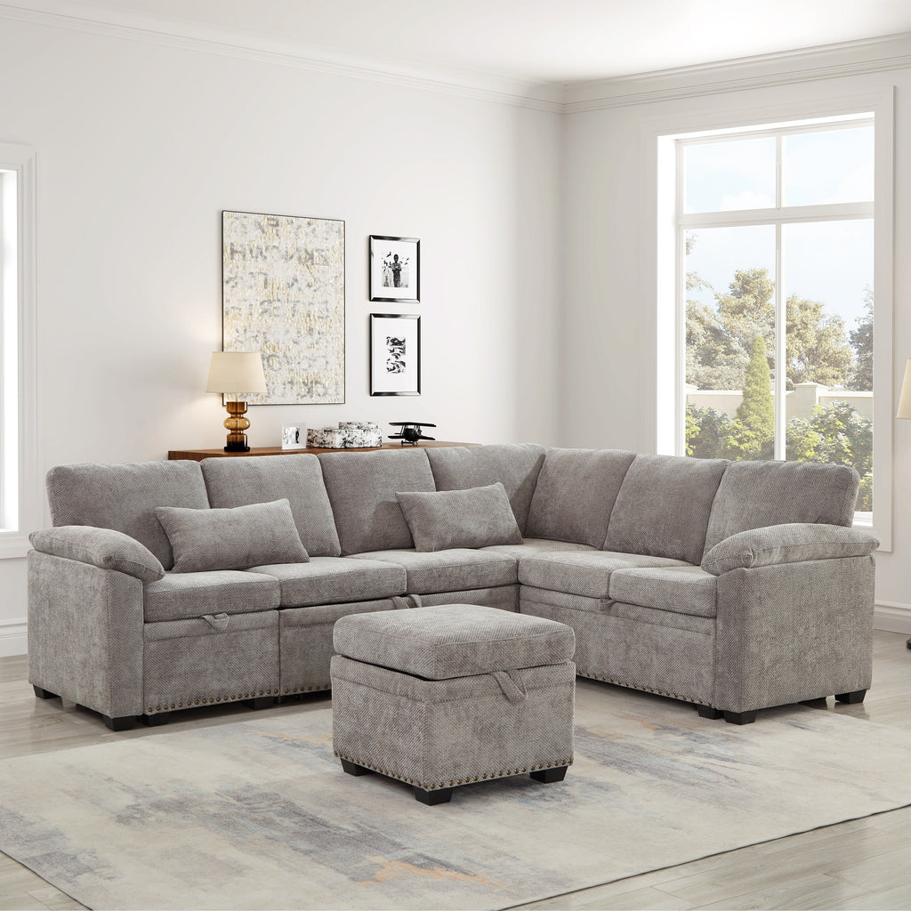 Modern L-Shaped Chenille Sectional Sofa with Pull-Out Sleeper, Storage Seats, Ottoman and 2 Pillows for Living Room