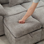 Modern L-Shaped Chenille Sectional Sofa with Pull-Out Sleeper, Storage Seats, Ottoman and 2 Pillows for Living Room