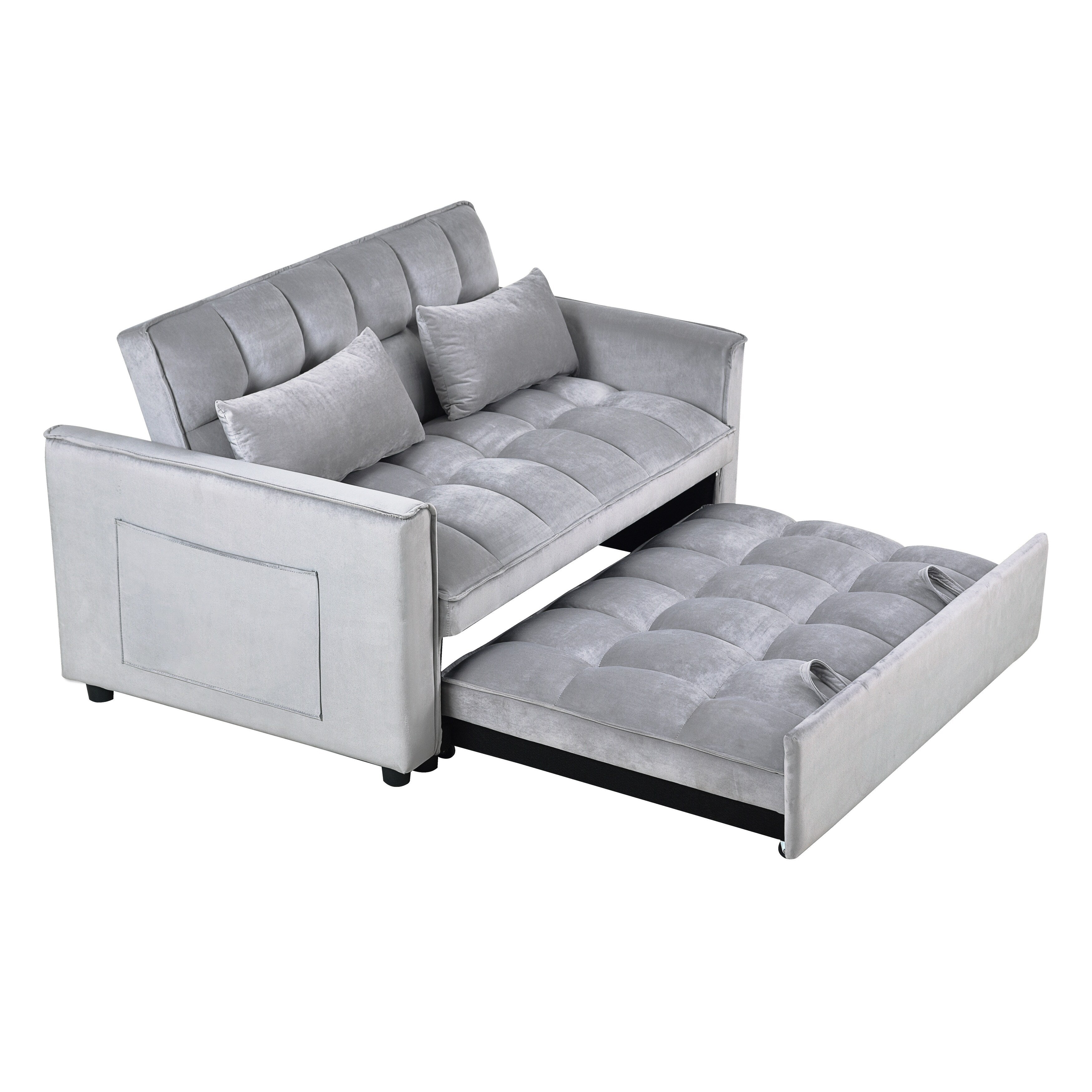 Modern Pull-Out Couch Bed, 3-in-1 Sleeper Sofa with Adjustable Backrest, Velvet Loveseat, Pillows & Side Pockets