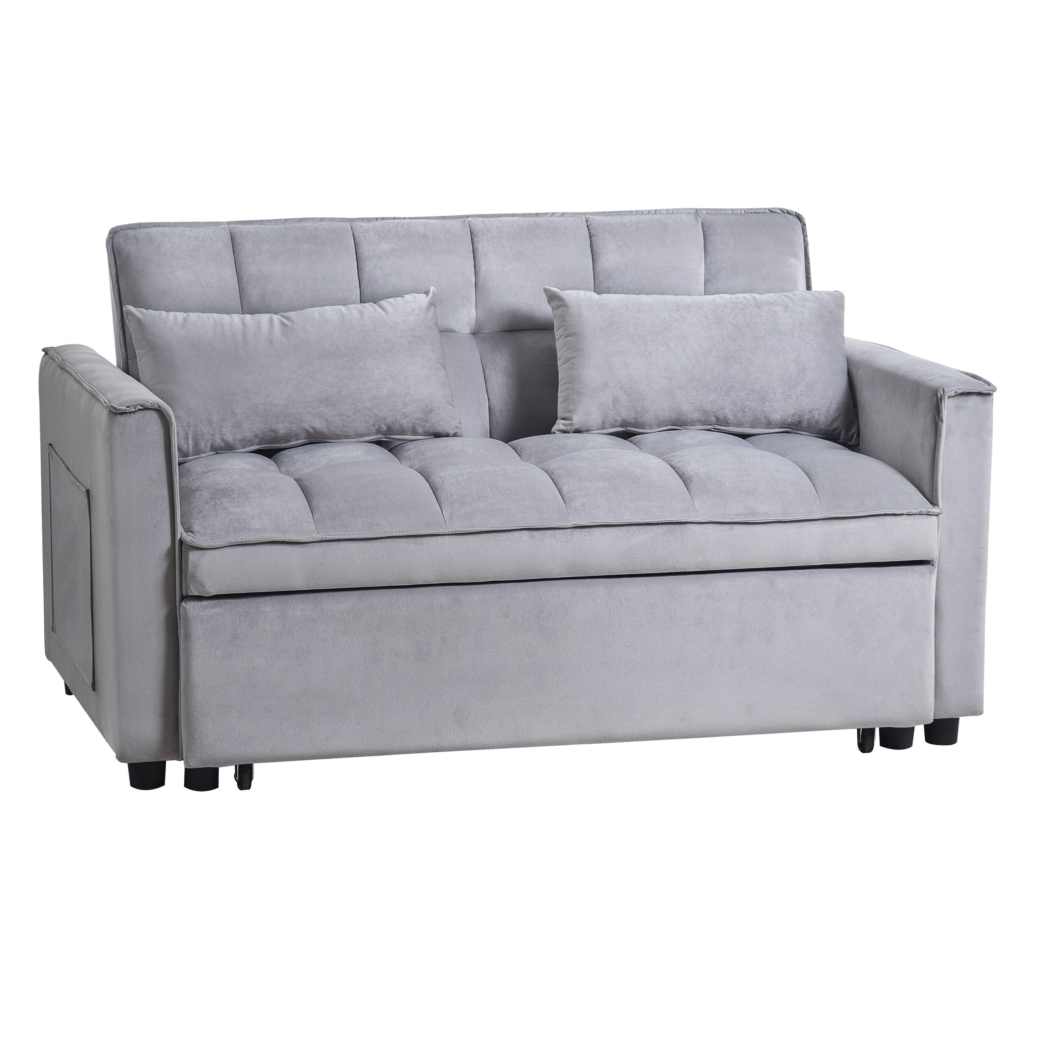 Modern Pull-Out Couch Bed, 3-in-1 Sleeper Sofa with Adjustable Backrest, Velvet Loveseat, Pillows & Side Pockets