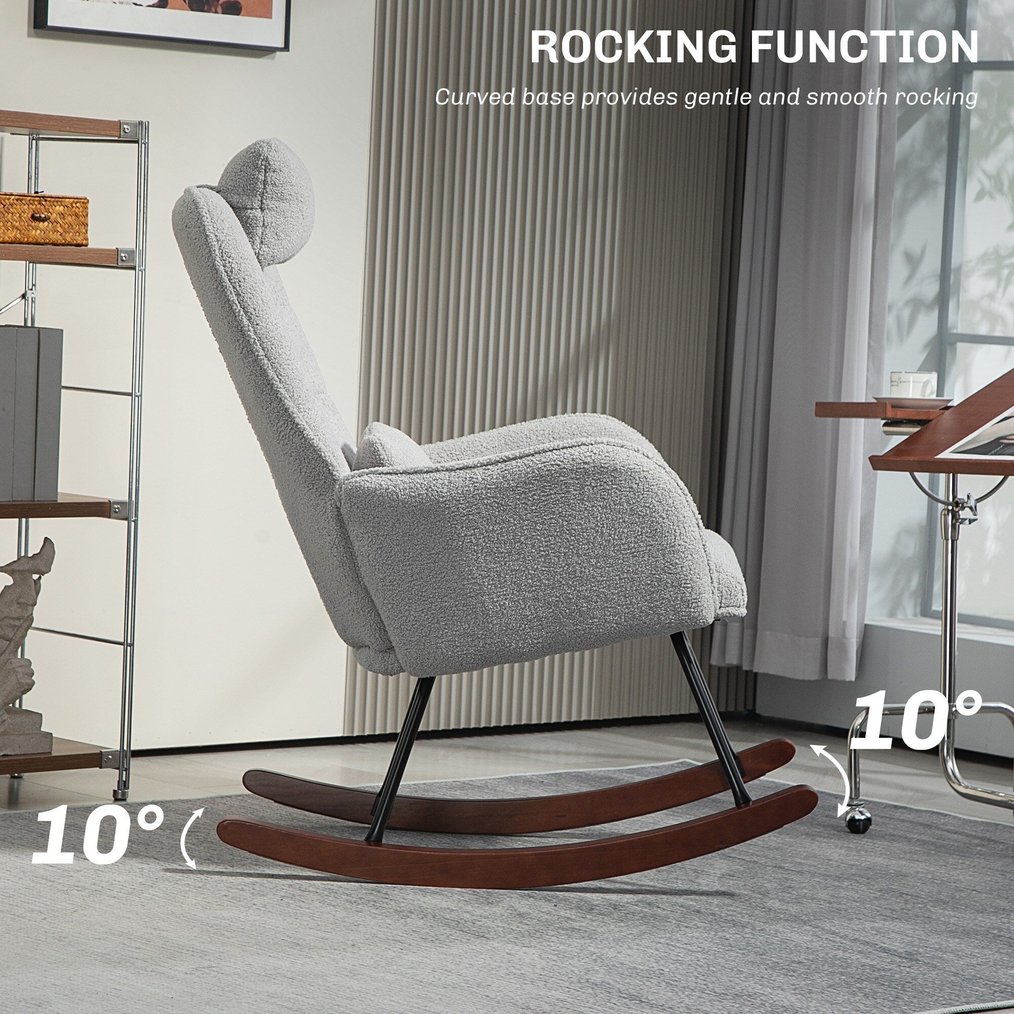 Modern Upholstered Rocking Nursery Glider Chair with High Backrest, Headrest and Lumbar Pillow for Living Room or Bedroom