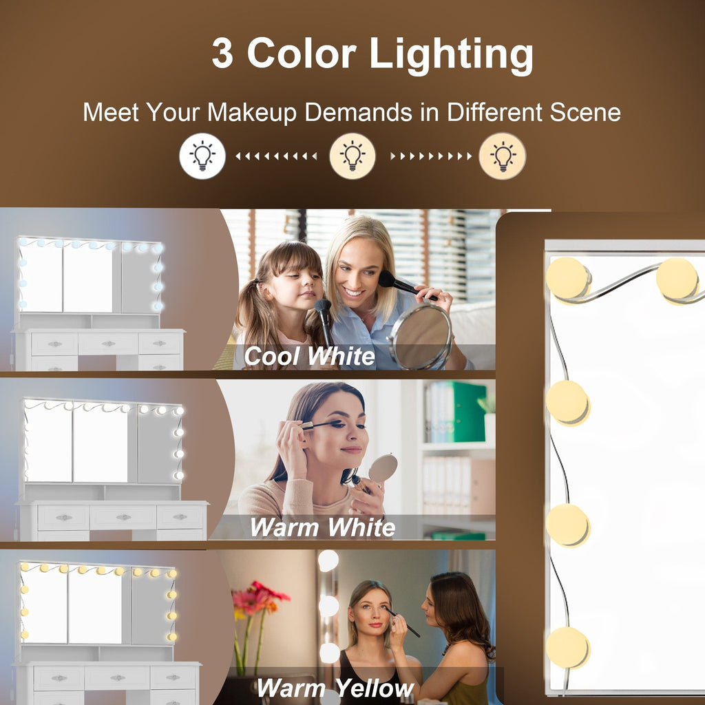 Modern White Makeup Vanity Fold Mirror Adjustable Lighting Dressing - 40.2x54.1