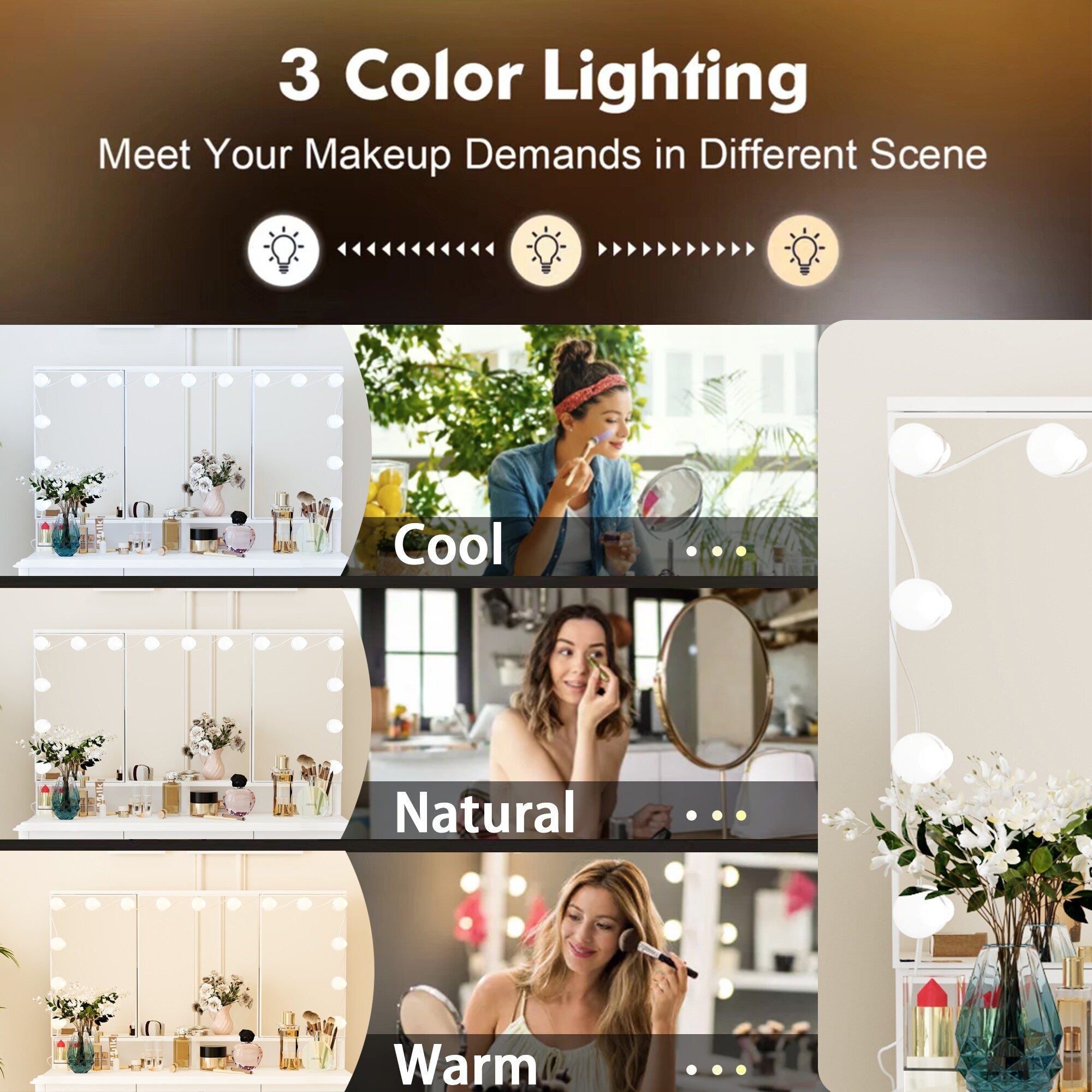 Modern White Makeup Vanity Fold Mirror Adjustable Lighting Dressing - 40.2x54.1