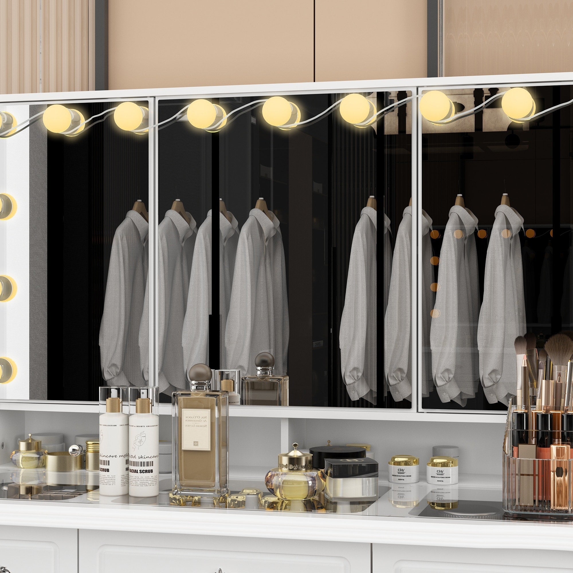 Modern White Makeup Vanity Fold Mirror Adjustable Lighting Dressing - 40.2x54.1