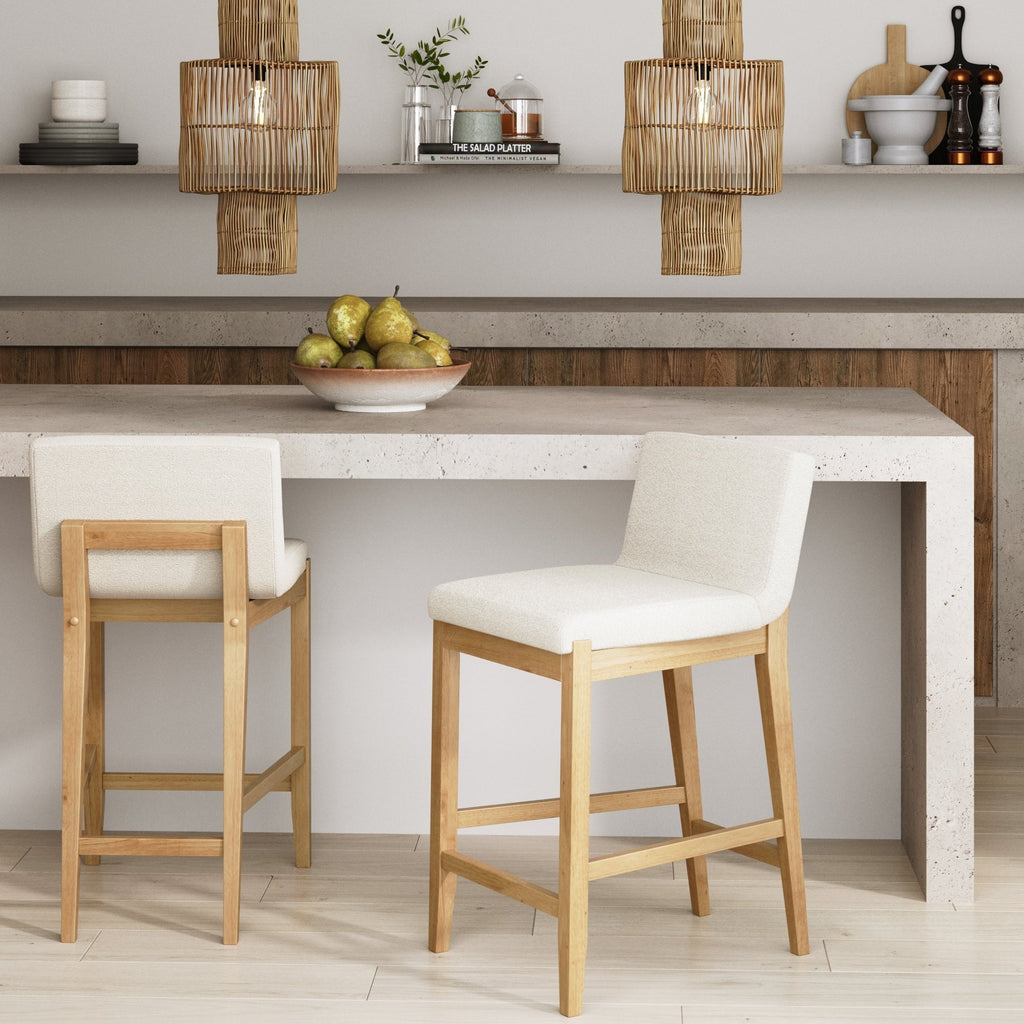 Gracie Modern Bar Stool, Boucle Upholstered Chair and Brushed Wooden Legs
