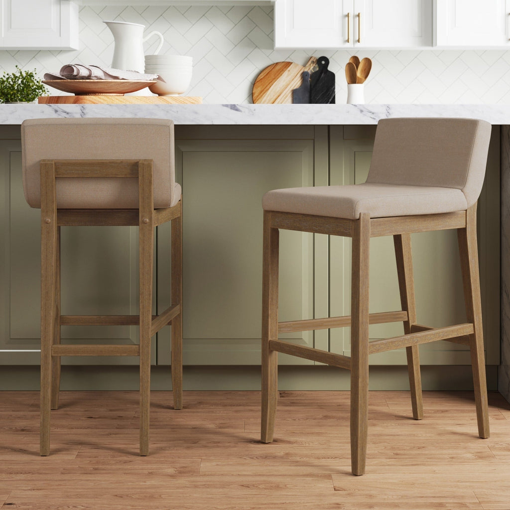 Gracie Modern Bar Stool, Boucle Upholstered Chair and Brushed Wooden Legs