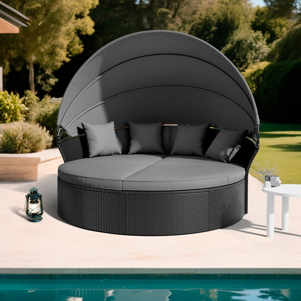Nuon 4-piece Outdoor Black Wicker Patio Round Daybed Sectional Sofa Set with Retractable Canopy by Havenside Home