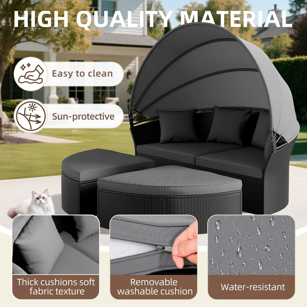 Nuon 4-piece Outdoor Black Wicker Patio Round Daybed Sectional Sofa Set with Retractable Canopy by Havenside Home