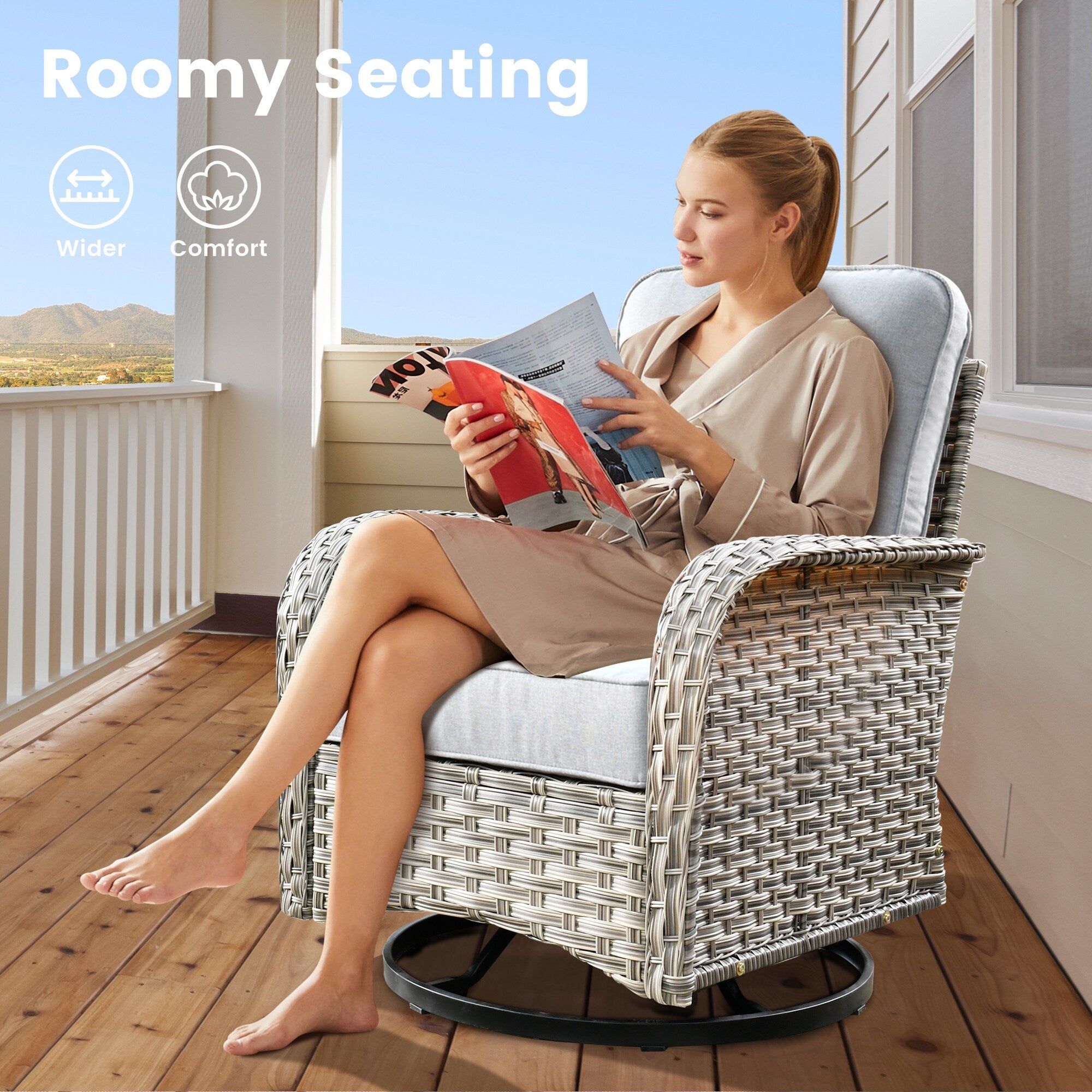 OVIOS 9 Pieces Outdoor Wicker Swivel Chair Set With Fire Table