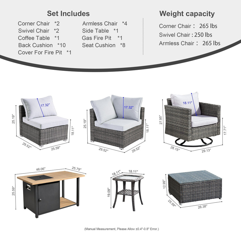 OVIOS Deep Seat Wicker 11-piece Sectional Set Swivel Chairs Fire Pit