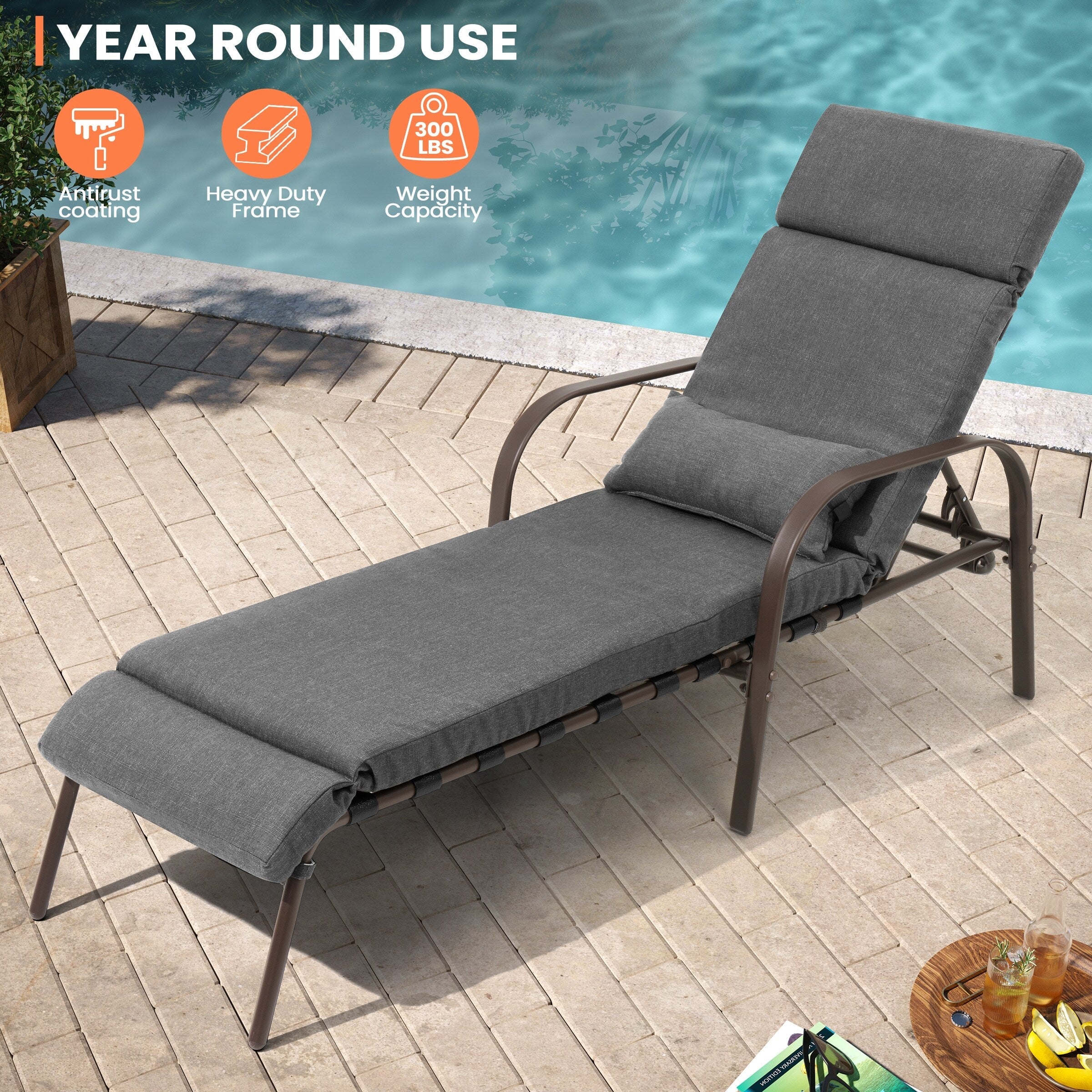 Outdoor Adjustable Patio Chaise Lounge Chair with Cushion Beach Poolside