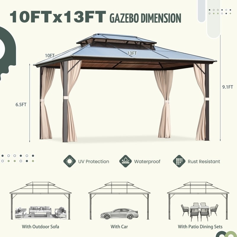 EROMMY Hardtop Gazebo,Outdoor Pergola with Double Roof & Netting & Curtains,Heavy Duty Canopy for Patio, Backyard, Pool party