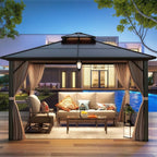 Hardtop Gazebo for Backyard – Permanent Pergola with Netting, Curtains & Double Roof, All-Weather Outdoor Shelter