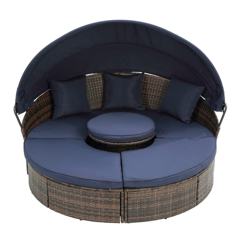 Outdoor Rattan Round Canopy Daybed with Lift Coffee Table, Navy Blue Deep Seating Sofa Bed with Pillows and Washable Cushions
