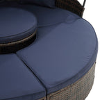 Outdoor Rattan Round Canopy Daybed with Lift Coffee Table, Navy Blue Deep Seating Sofa Bed with Pillows and Washable Cushions