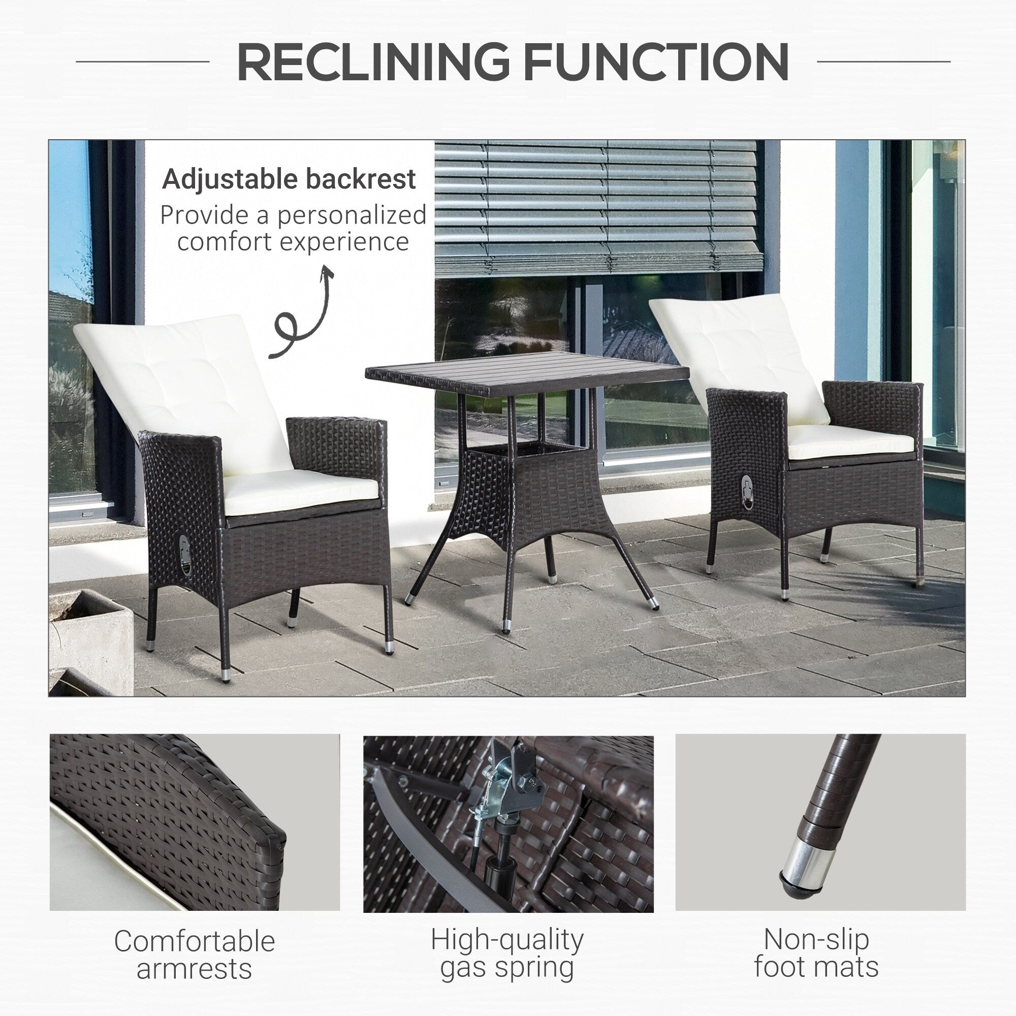 Outsunny 3 Pieces Patio PE Rattan Sofa Set, Outdoor Recliner Chairs Wood Grain plastic Top Coffee Table