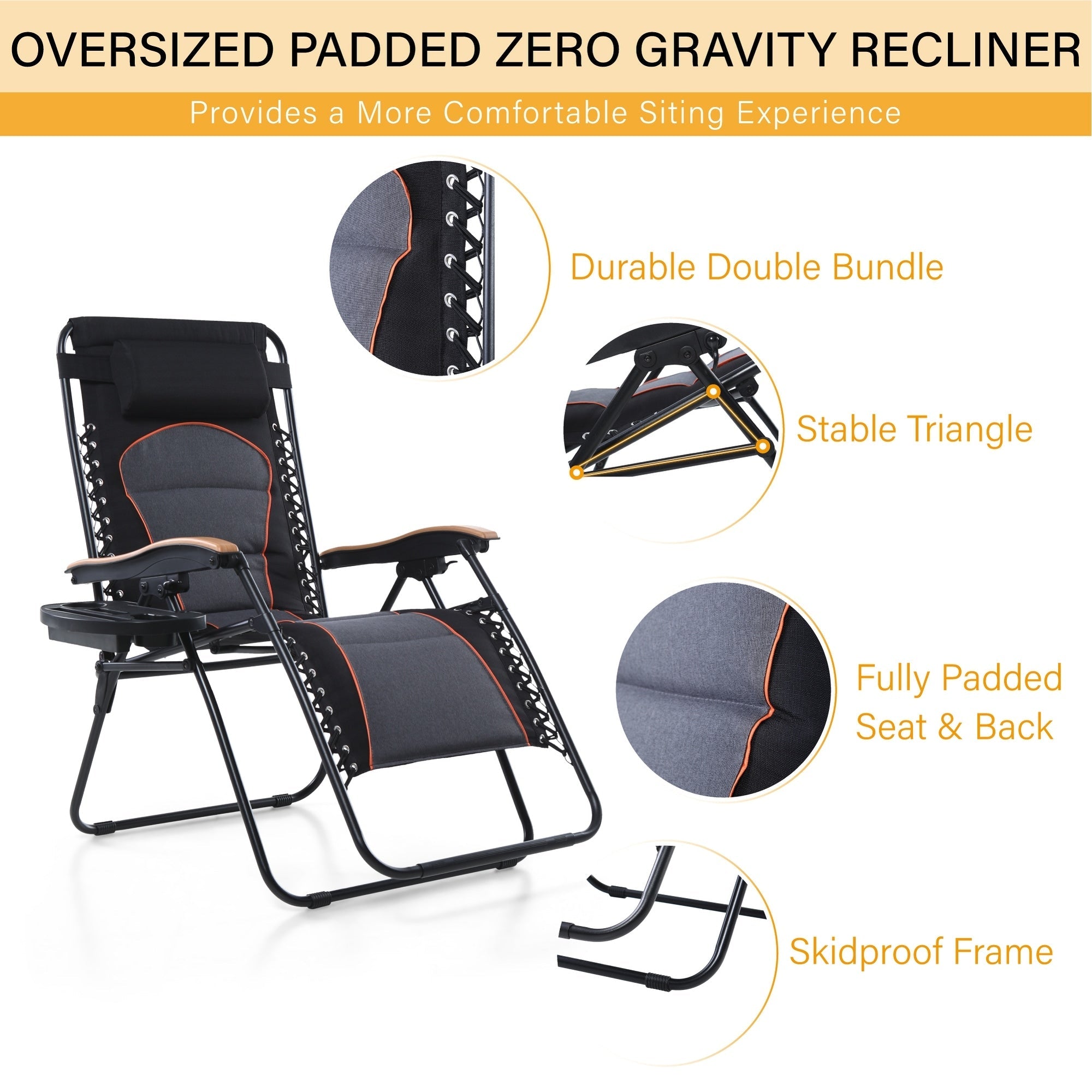 Oversize XL Padded Zero Gravity Lounge Chair Wider Armrest Adjustable Recliner with Cup Holder - N/A