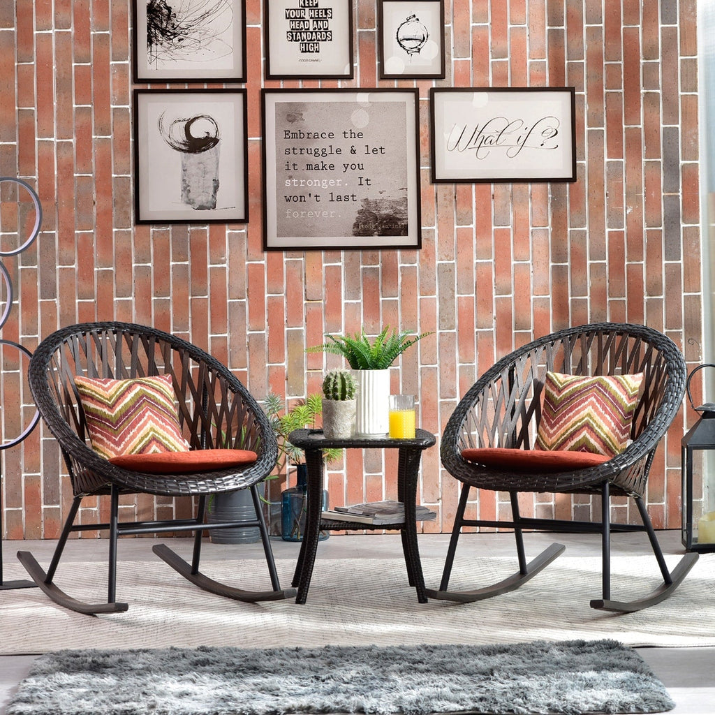 OVIOS 3-piece Patio Rocking Chair Bistro Set with Glass Coffee Table