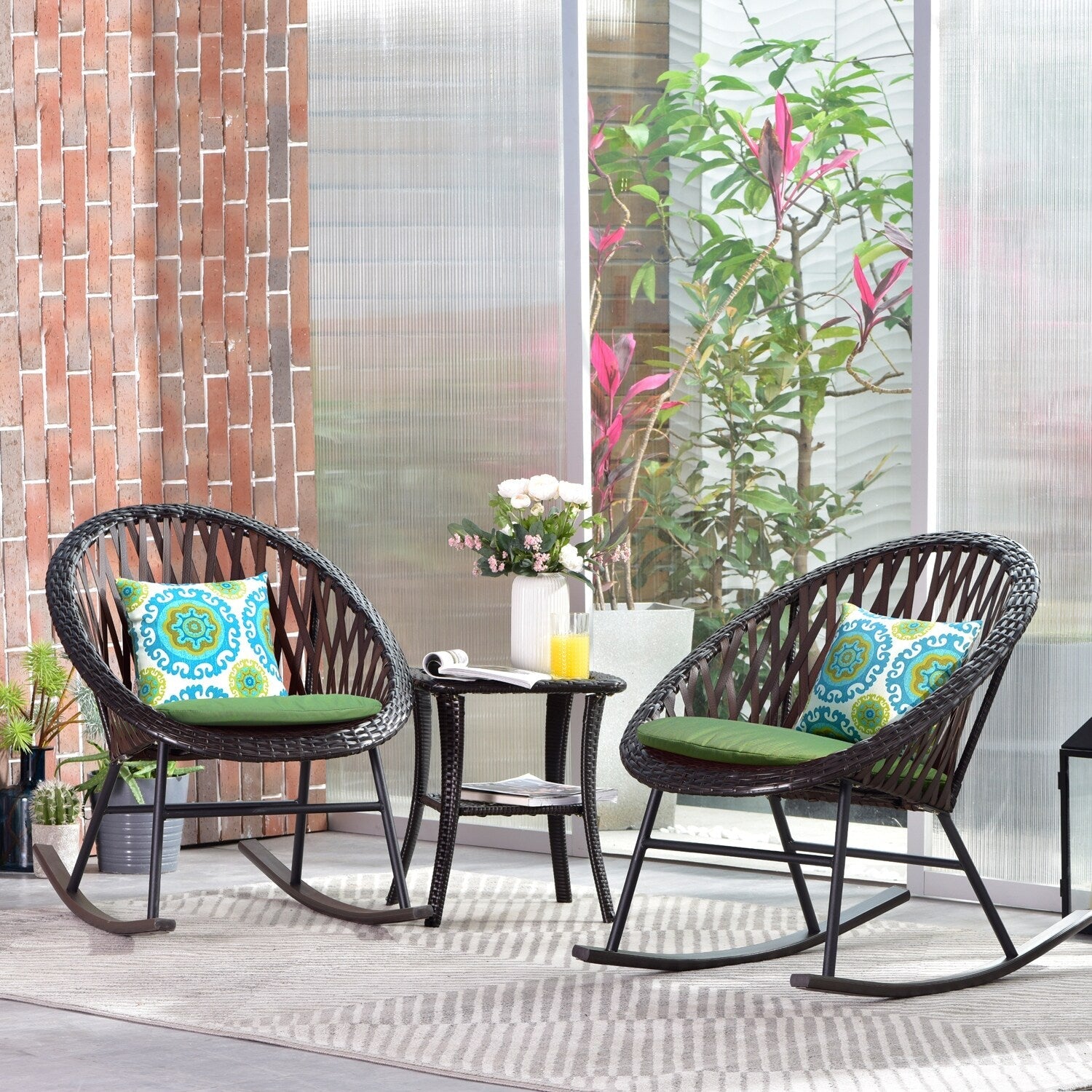OVIOS 3-piece Patio Rocking Chair Bistro Set with Glass Coffee Table