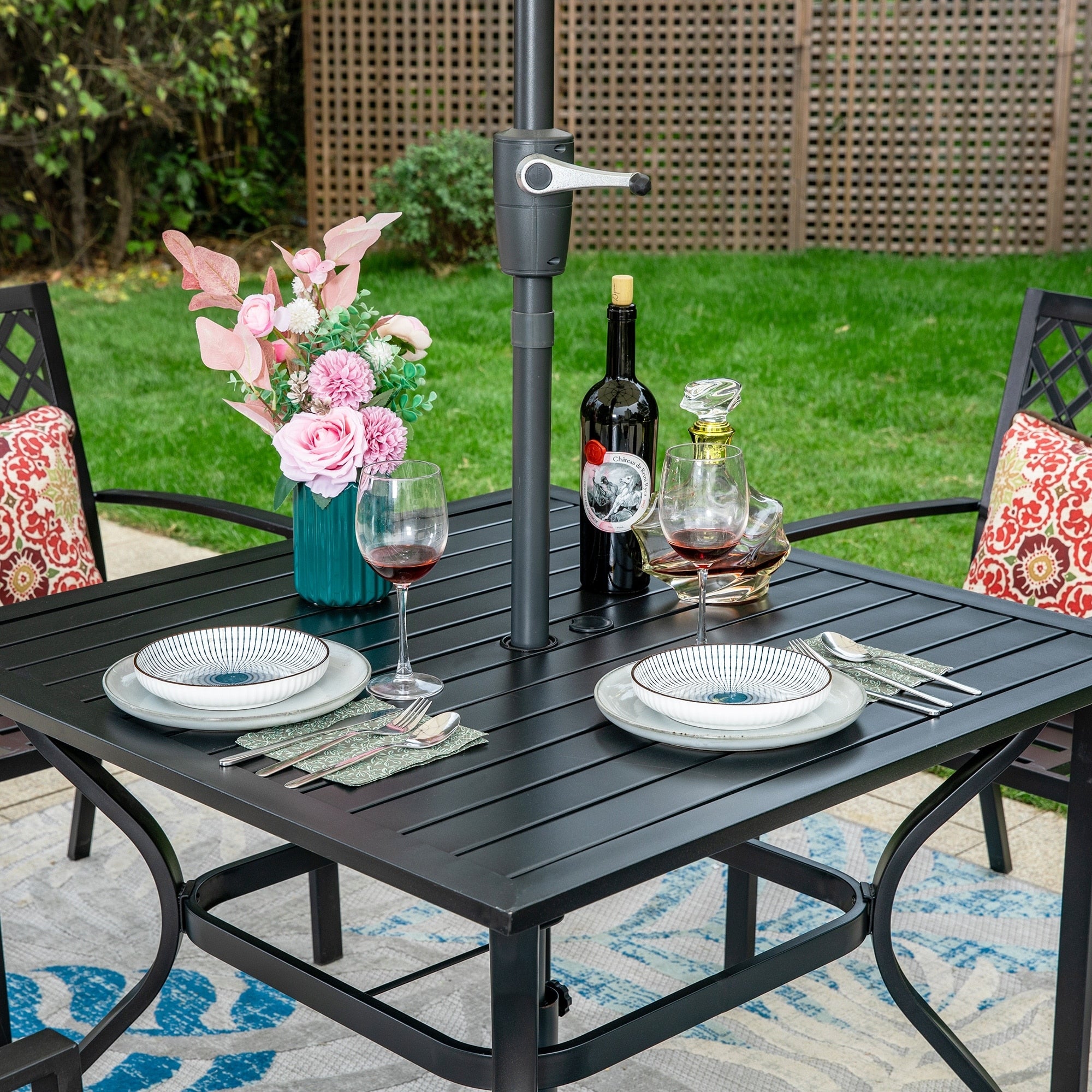 MAISON ARTS 6-Piece Patio Dining Set with 10ft 3 Tier Auto-tilt Umbrella: 4 Metal Outdoor Chairs 1 Metal Square Dining Table