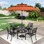 MAISON ARTS 6-Piece Patio Dining Set with 10ft 3 Tier Auto-tilt Umbrella: 4 Metal Outdoor Chairs 1 Metal Square Dining Table