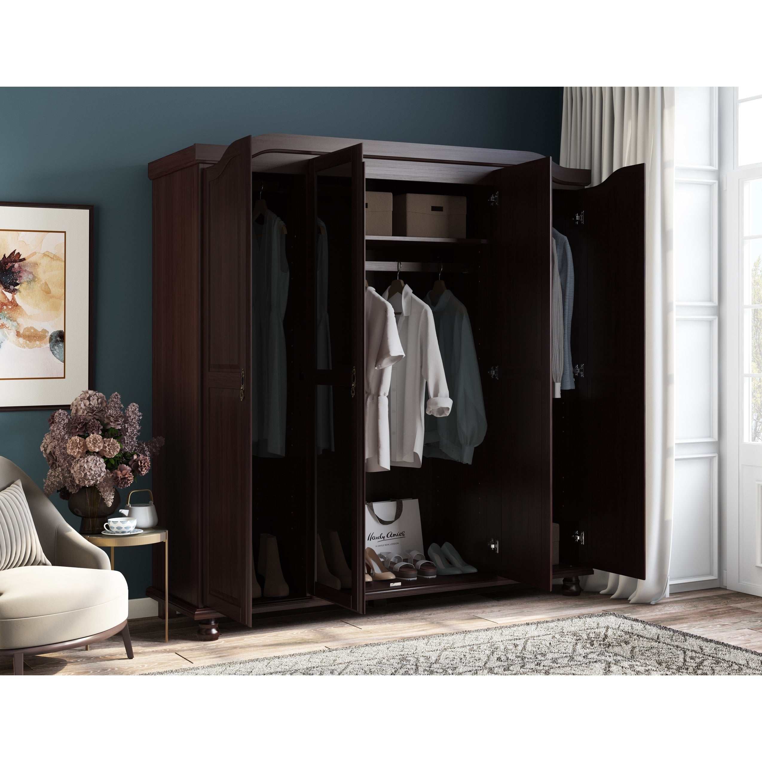 Palace Imports 100% Solid Wood Kyle 4-Door Wardrobe Armoire with Solid Wood or Mirrored Doors