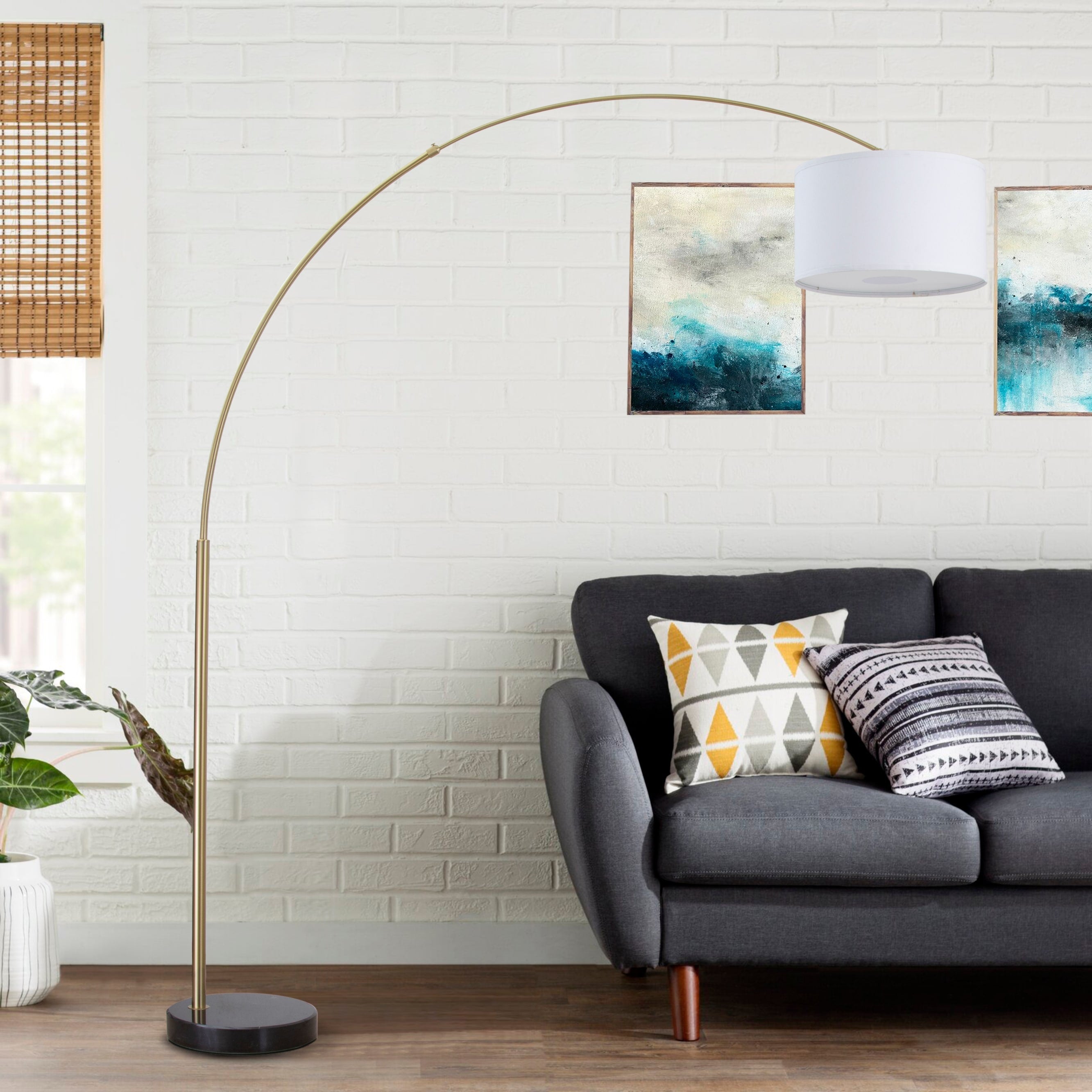 Q-Max 81 Steel Adjustable Arching Floor Lamp With Extra Large Shade and Marble Base